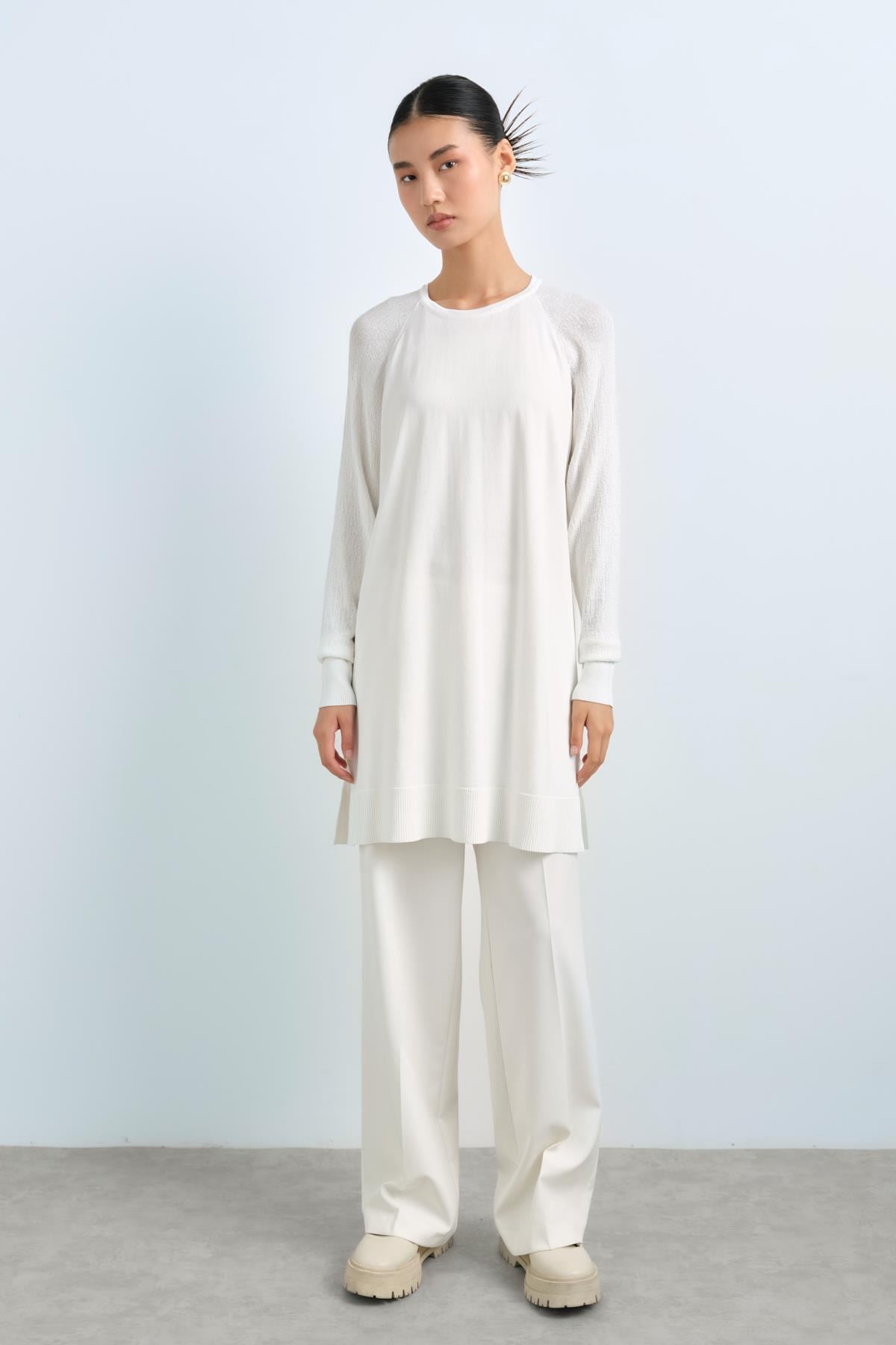 NİHAN Tunik Nihan Ağaç Kabuğu Rayon Triko Tunik  Ekru_modest