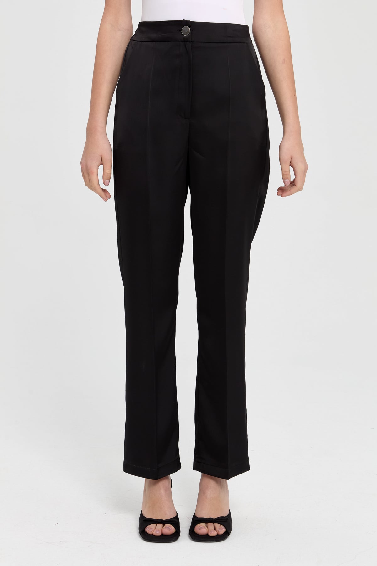 NİHAN Pants Nihan Arka Beli Lastikli Saten Pantolon  Siyah_modest
