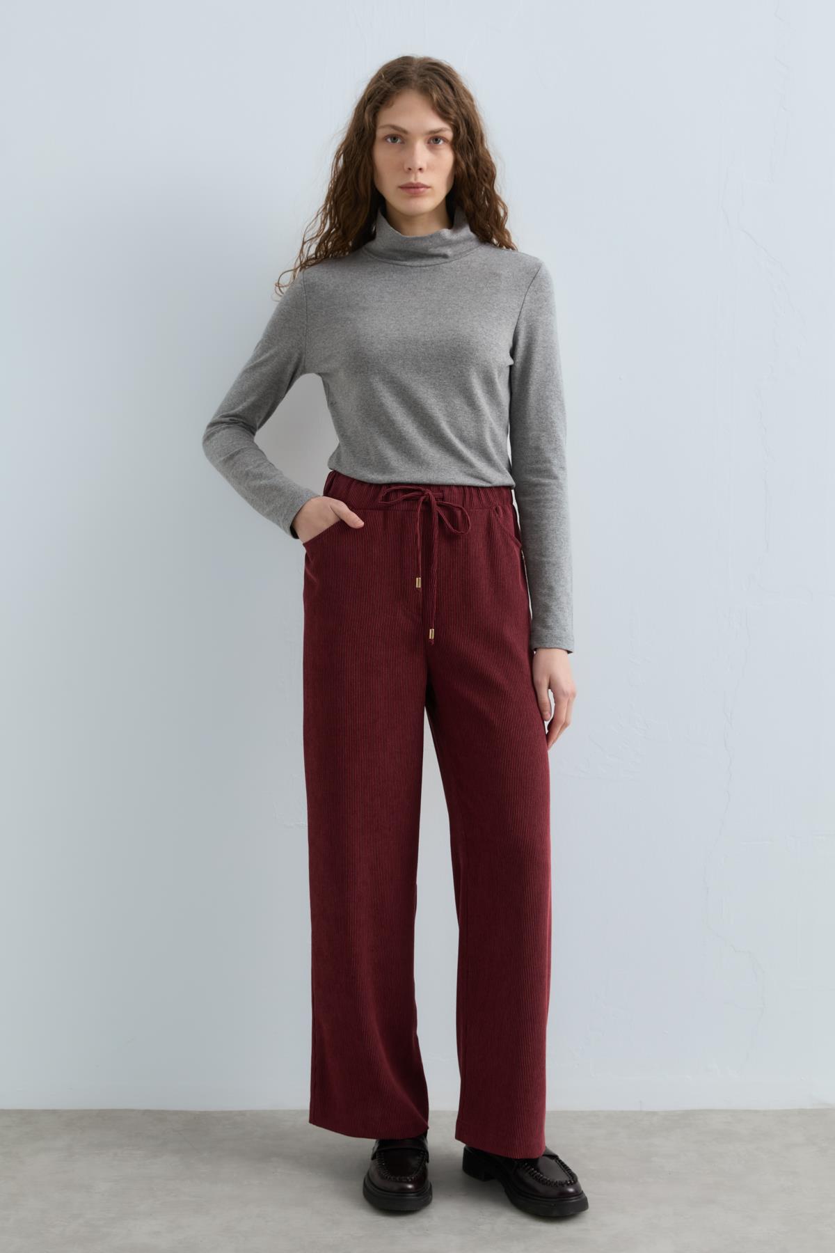 NİHAN Pantolon Nihan Beli Lastikli Kadife Pantolon  Bordo_modest