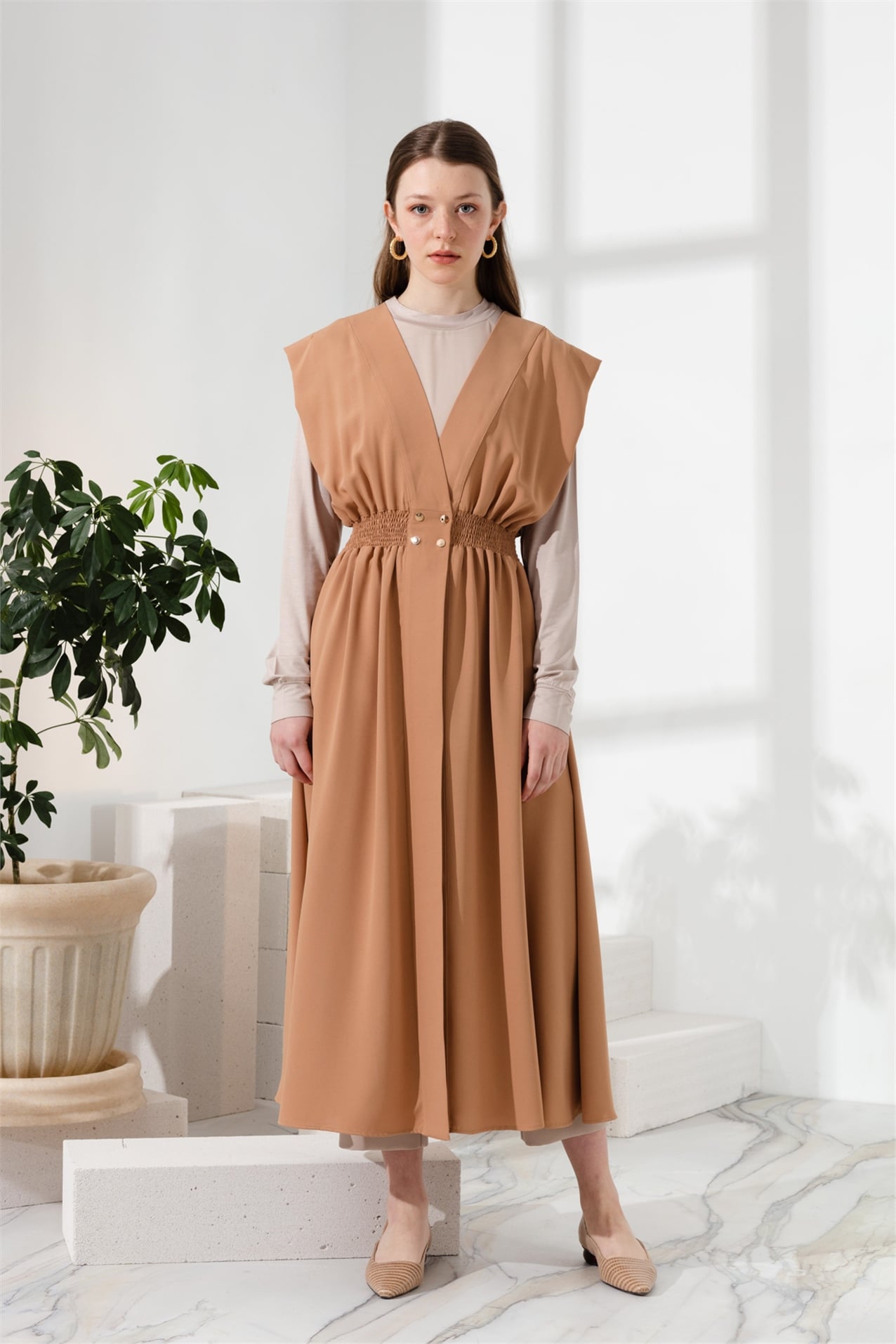 NİHAN Yelek Nihan Beli Lastikli Kruvaze Yelek  Camel_modest