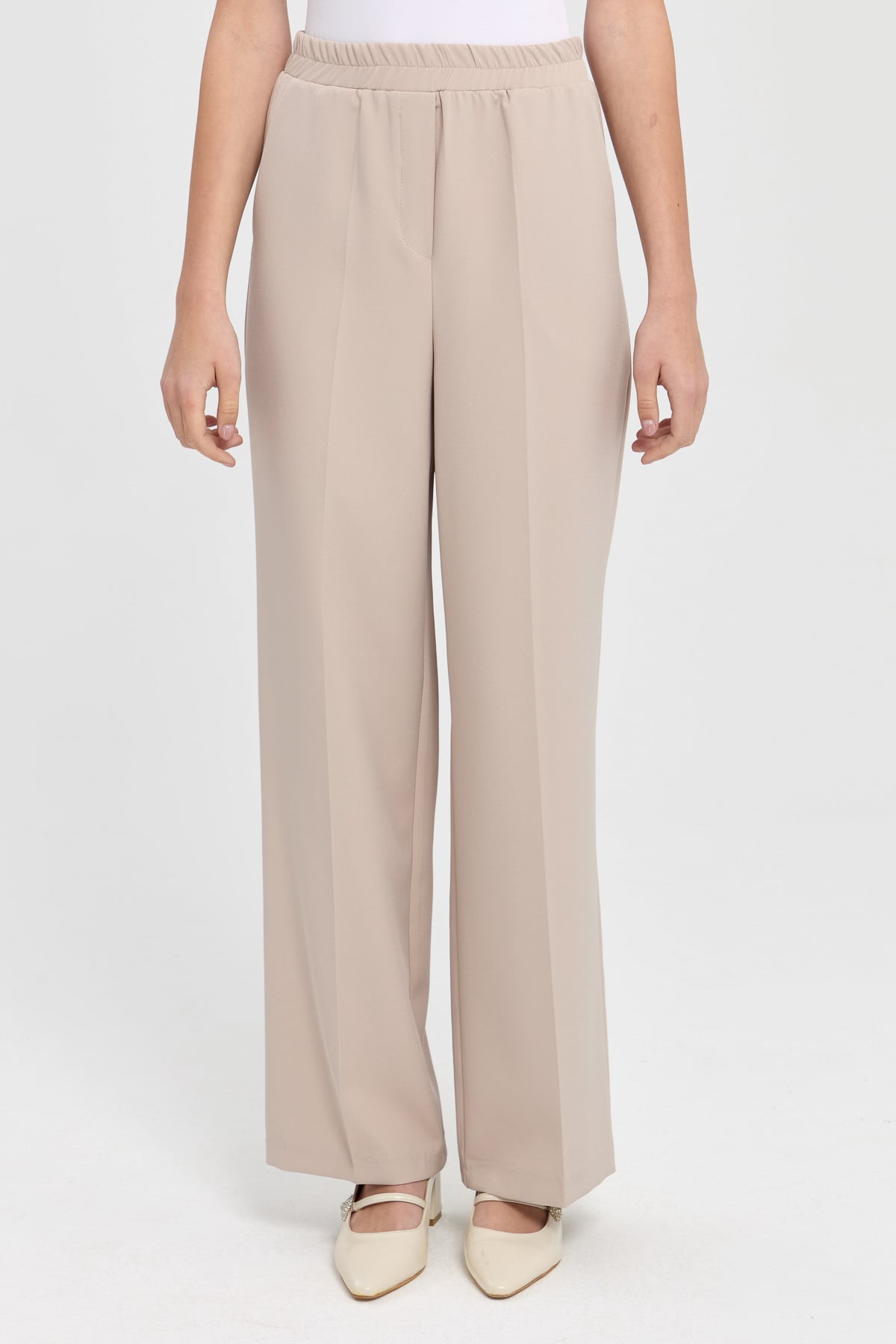 NİHAN Pants Nihan Beli Lastikli Yüksek Bel Pantolon  Bej_modest