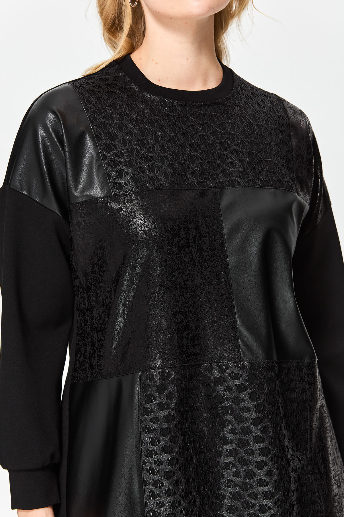 Nihan Plus Size Leather Combined Tunic Black