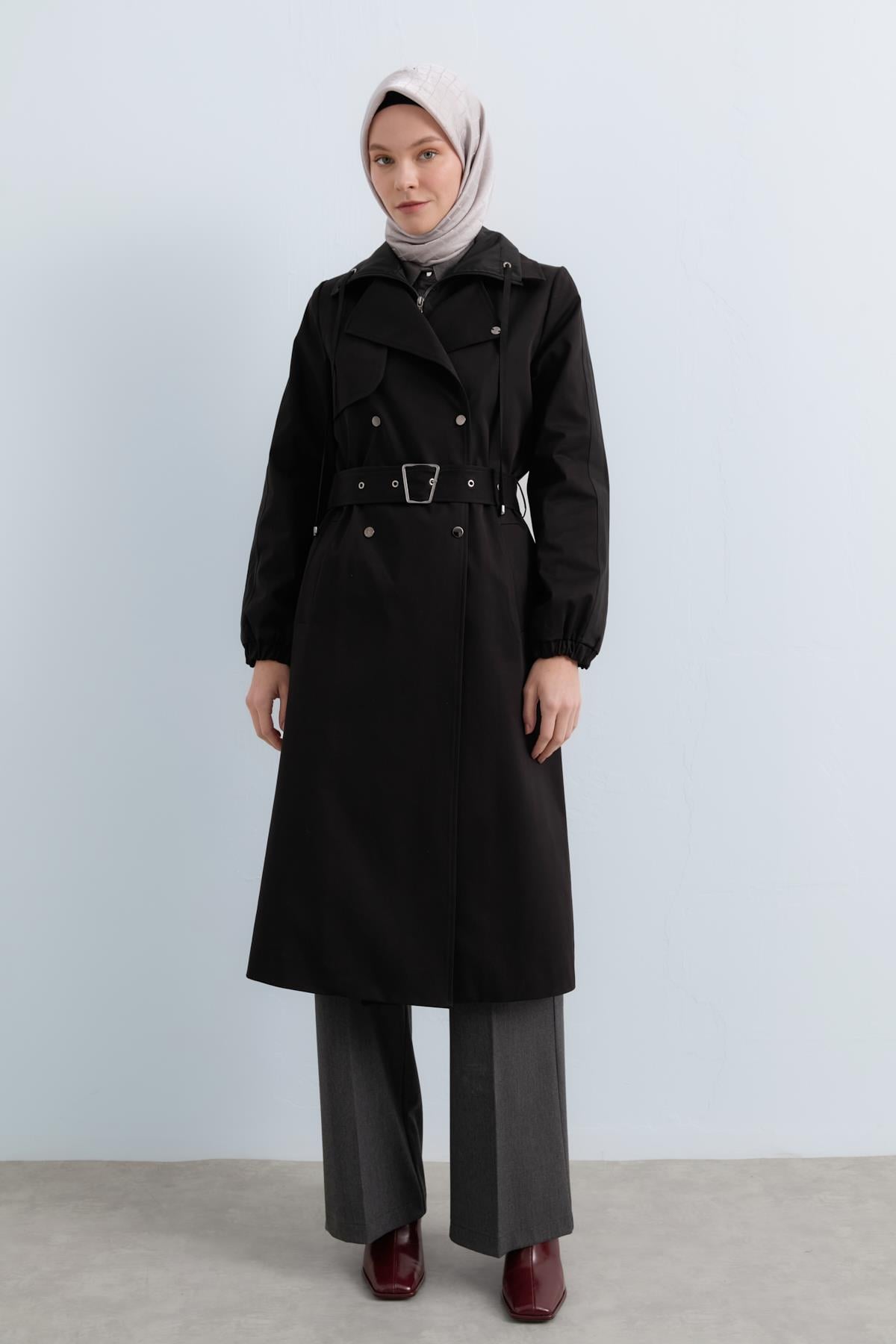 NİHAN Trench Coat Nihan Çift Yaka Kumaş Mixli Trençkot  Siyah_modest