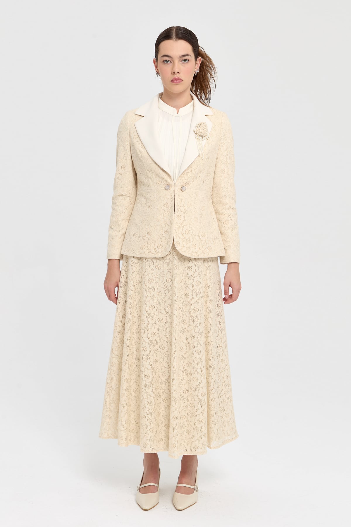 NİHAN Suits Nihan Dantel Etek Ceket Takım  Bej_modest