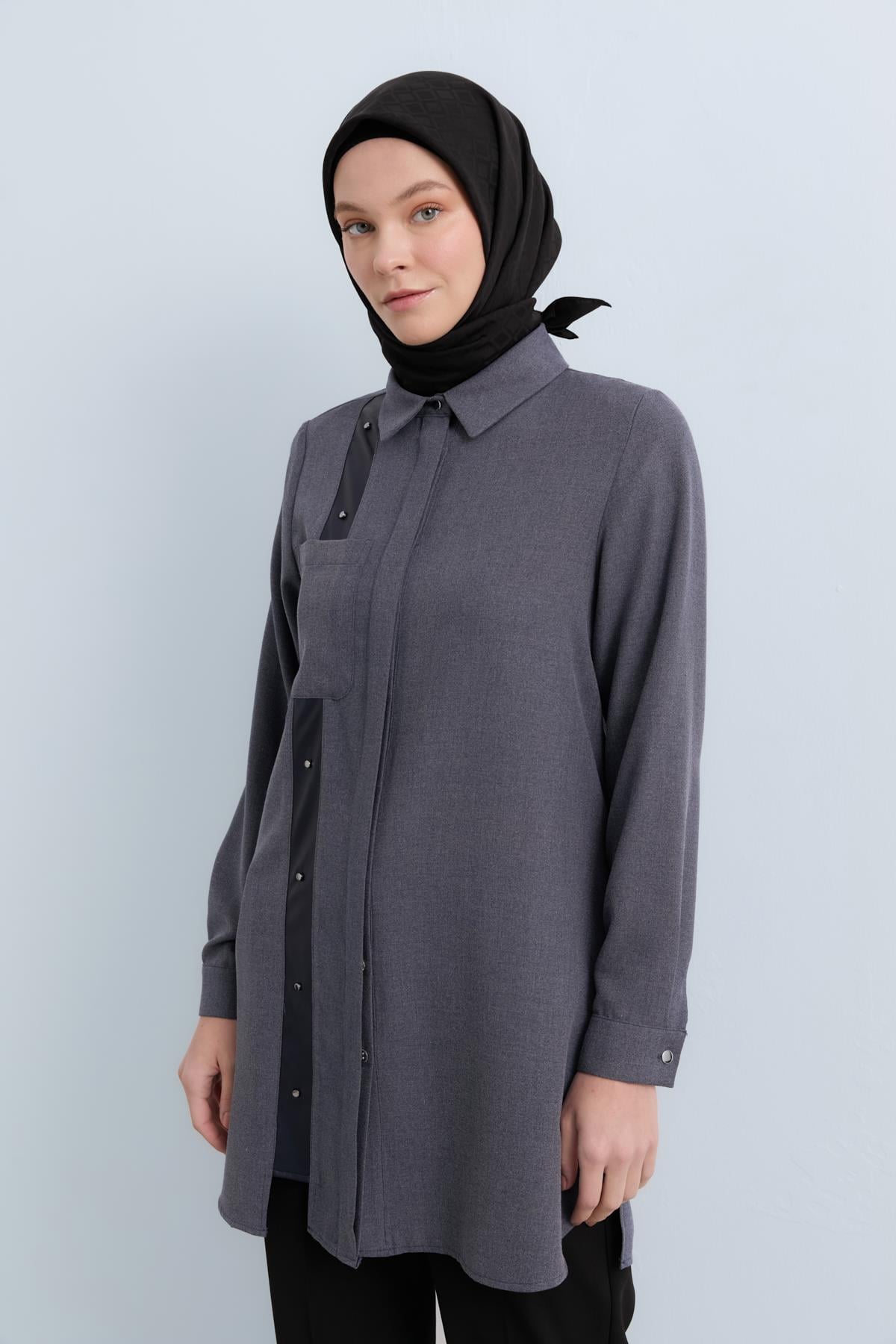 NİHAN Tunik Nihan Deri Detaylı Gömlek Yaka Tunik  Gri_modest