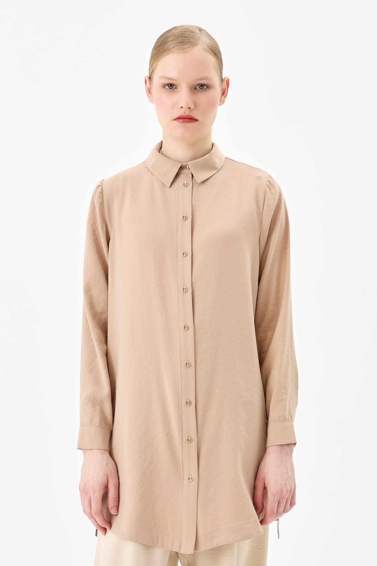 NİHAN Tunik Nihan Düğme Detaylı Gömlek Yaka Tunik  Bej_modest