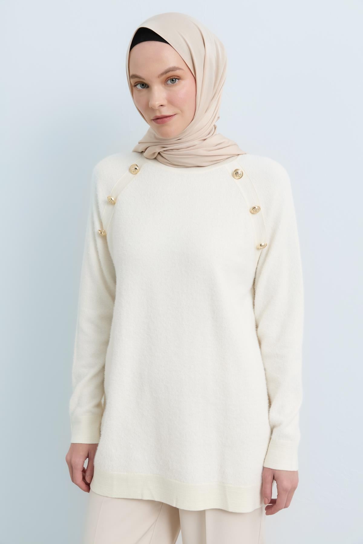 NİHAN Tunik Nihan Gold Düğme Detaylı Triko Tunik  Ekru_modest