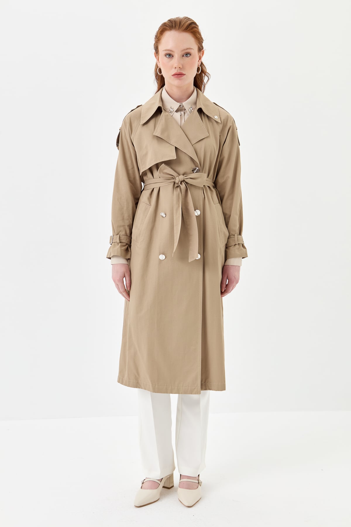 NİHAN Trench Coat Nihan Gold Düğmeli Kemerli Trençkot  Vizon_modest