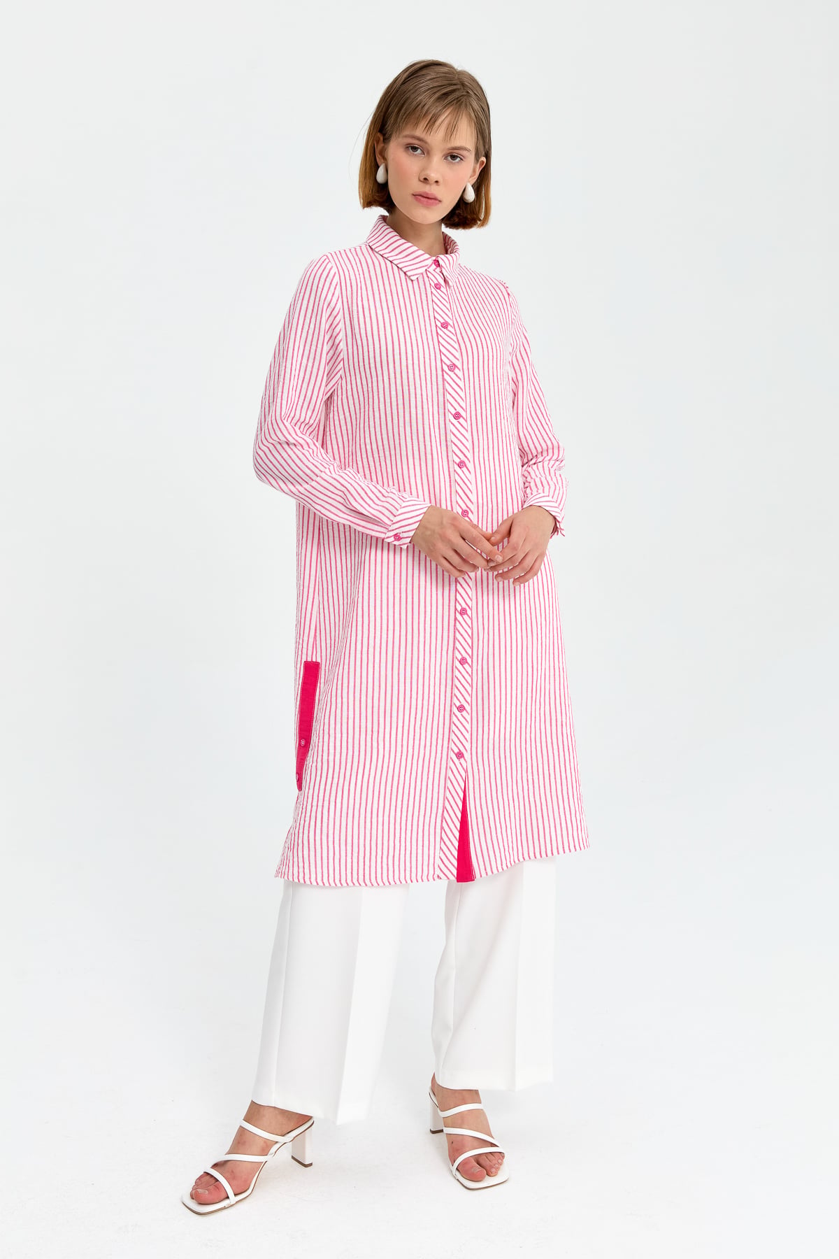 NİHAN Tunik Nihan Gömlek Yaka Çizigli Tunik  Pembe_modest