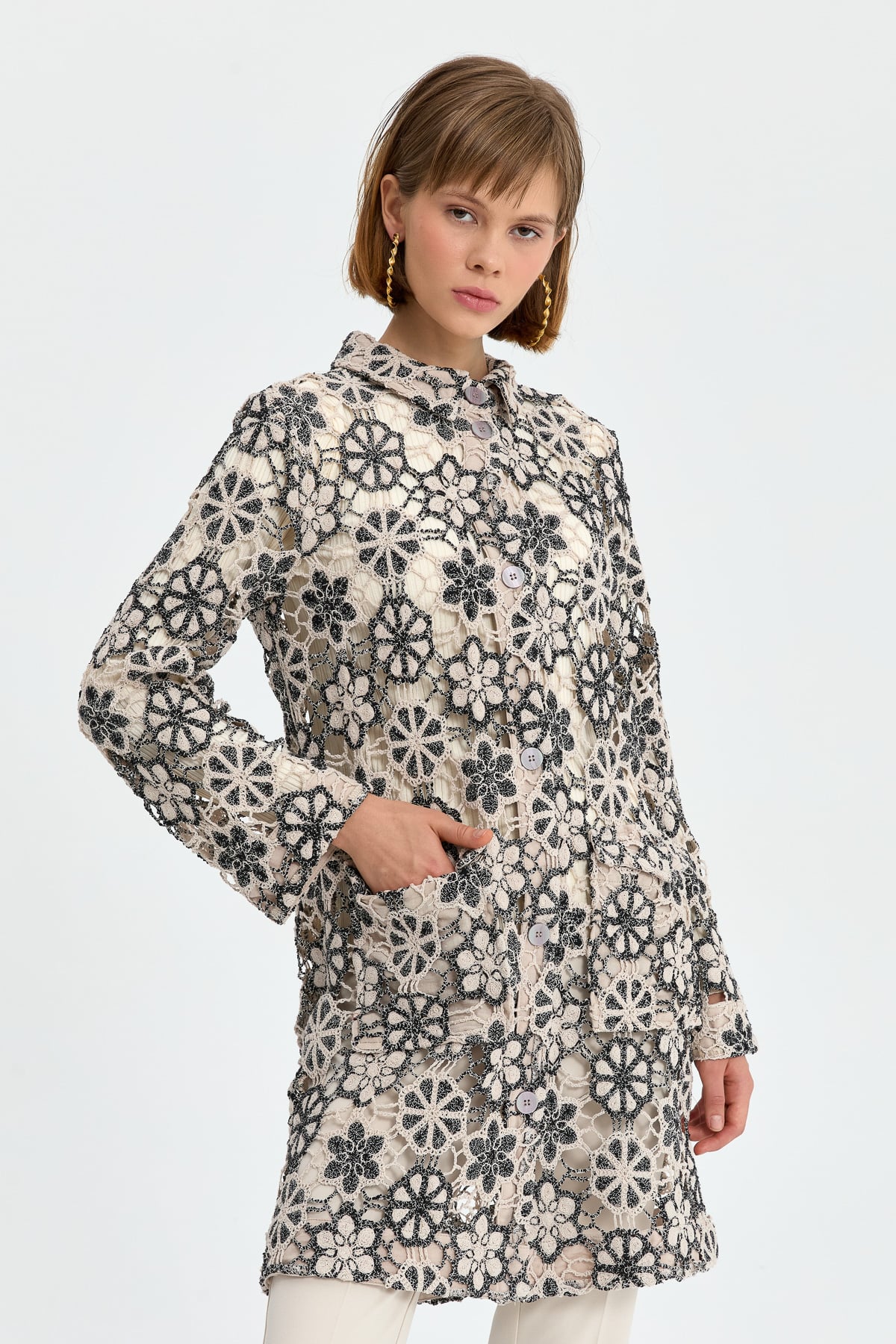NİHAN Jacket Nihan Gömlek Yaka Dantel Ceket  Siyah_modest