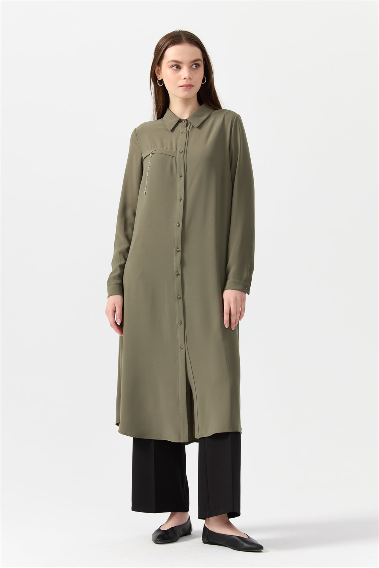 NİHAN Tunik Nihan Gömlek Yaka Tunik  Haki_modest