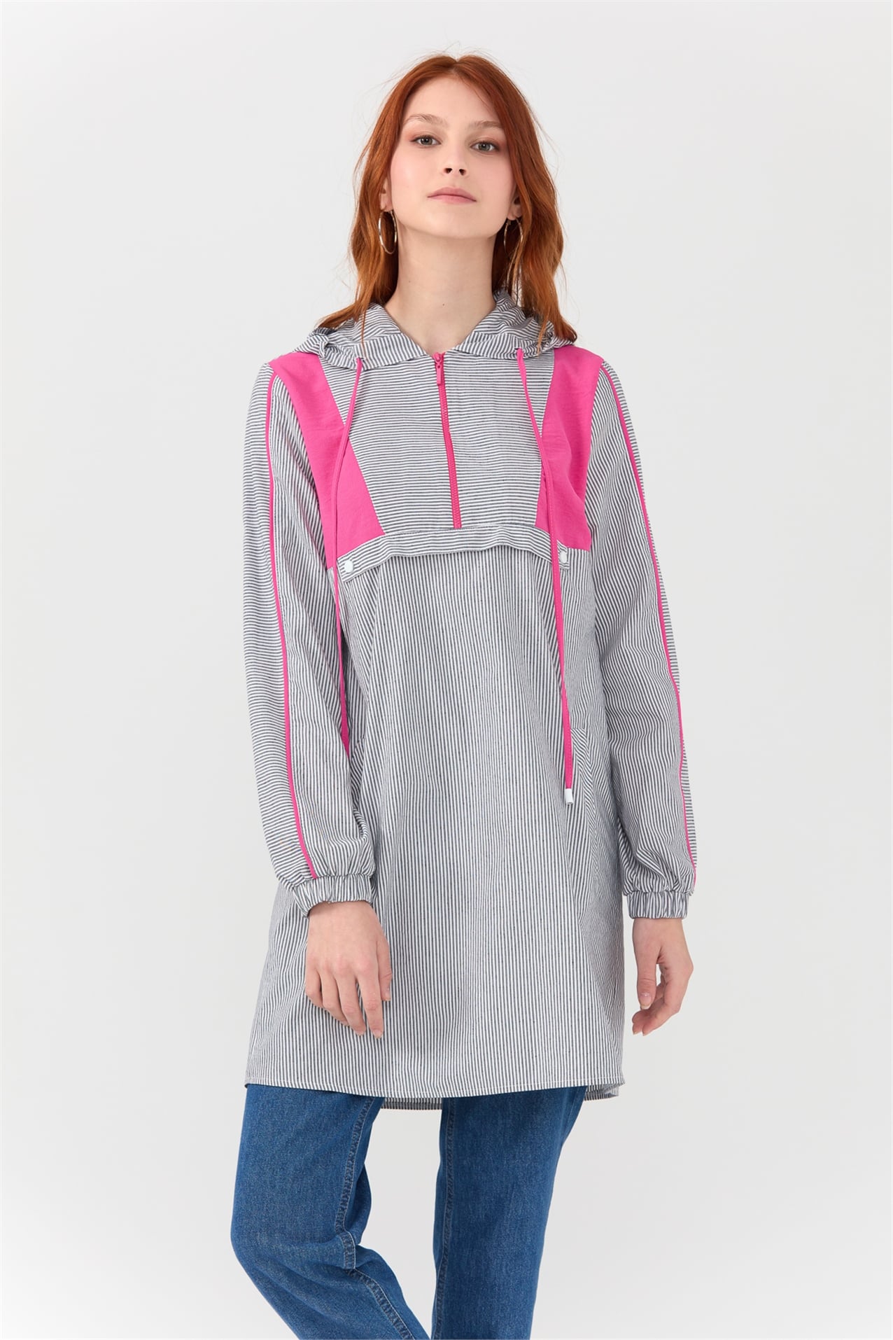 NİHAN Tunik Nihan Kapşonlu Kontrast Kombinli Poplin Tunik  Fuşya_modest
