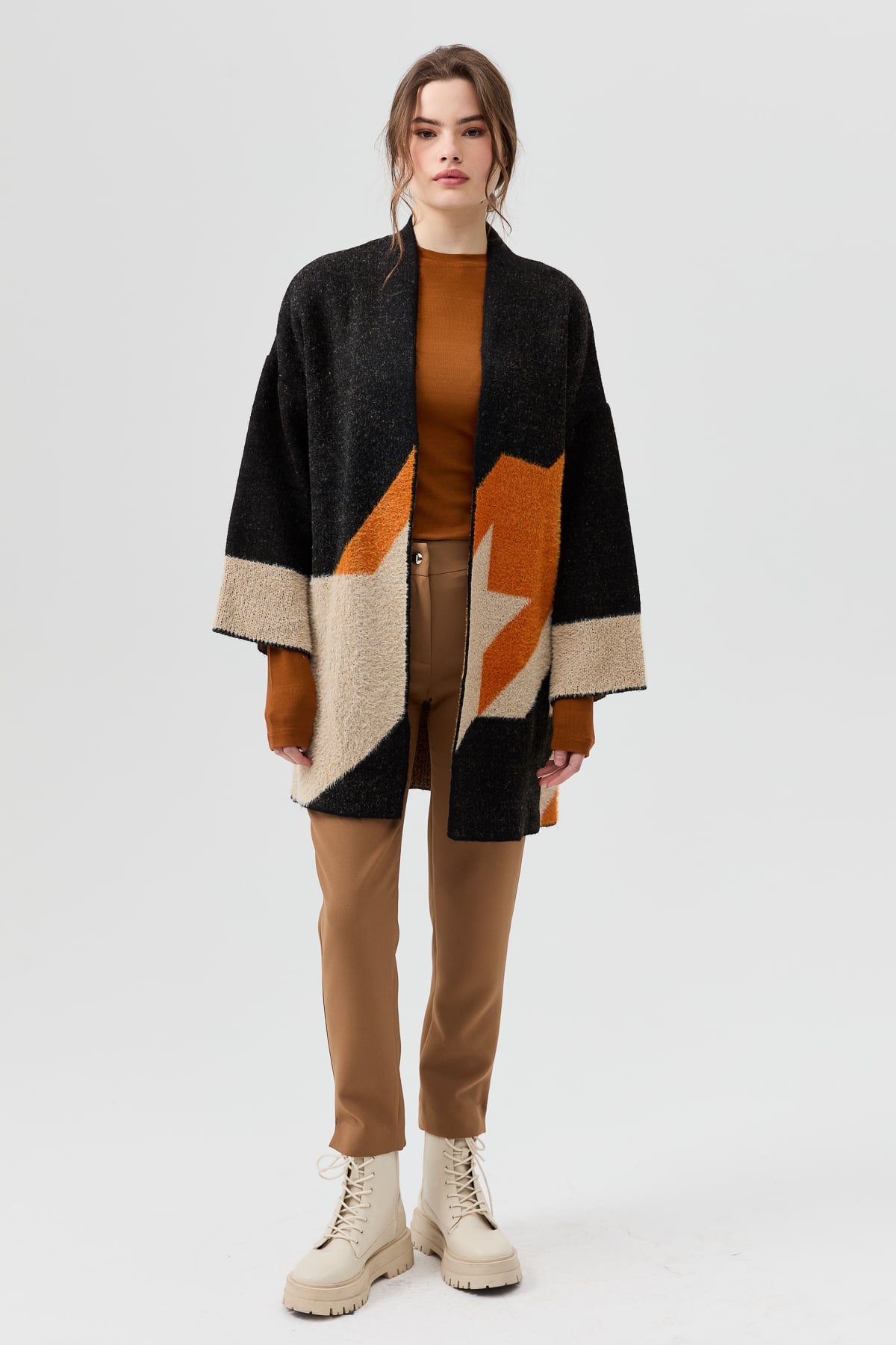 NİHAN Hırka Nihan Kazayağı Desenli Oversize Triko Hırka  Siyah_modest