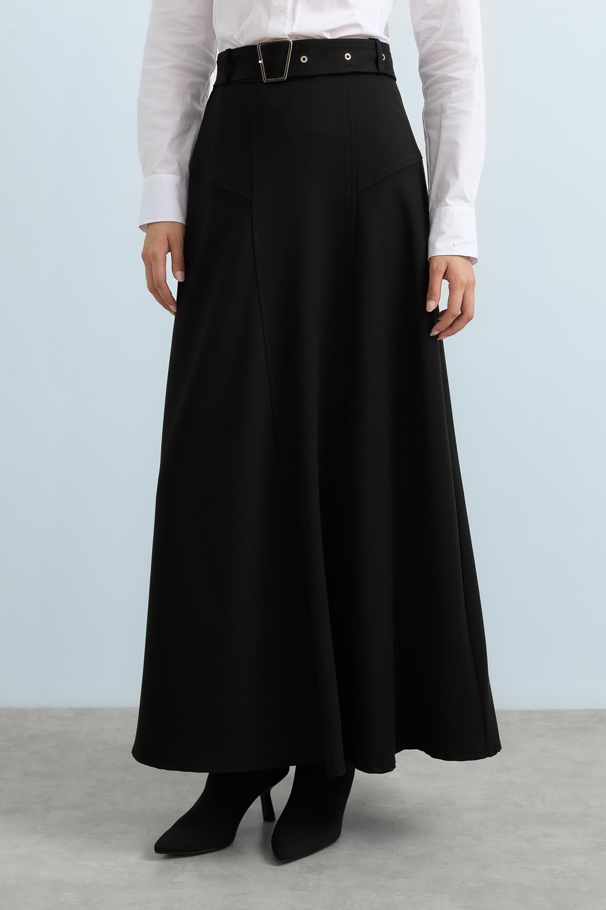 NİHAN Skirt Nihan Kemerli Volanlı Kloş Etek  Siyah_modest