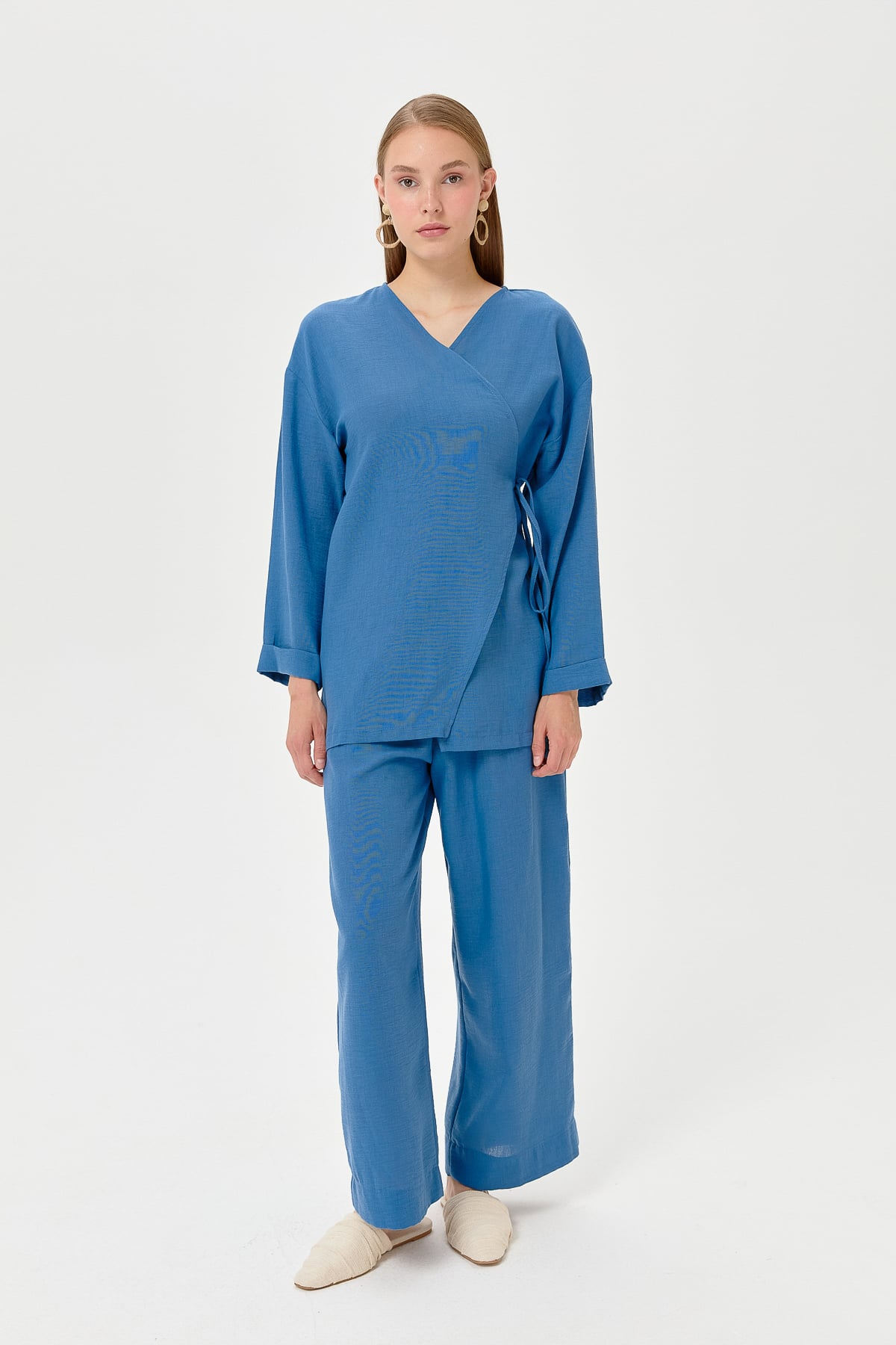 NİHAN Suits Nihan Keten Kruvaze Kimono Pantolon Takım  İndigo_modest