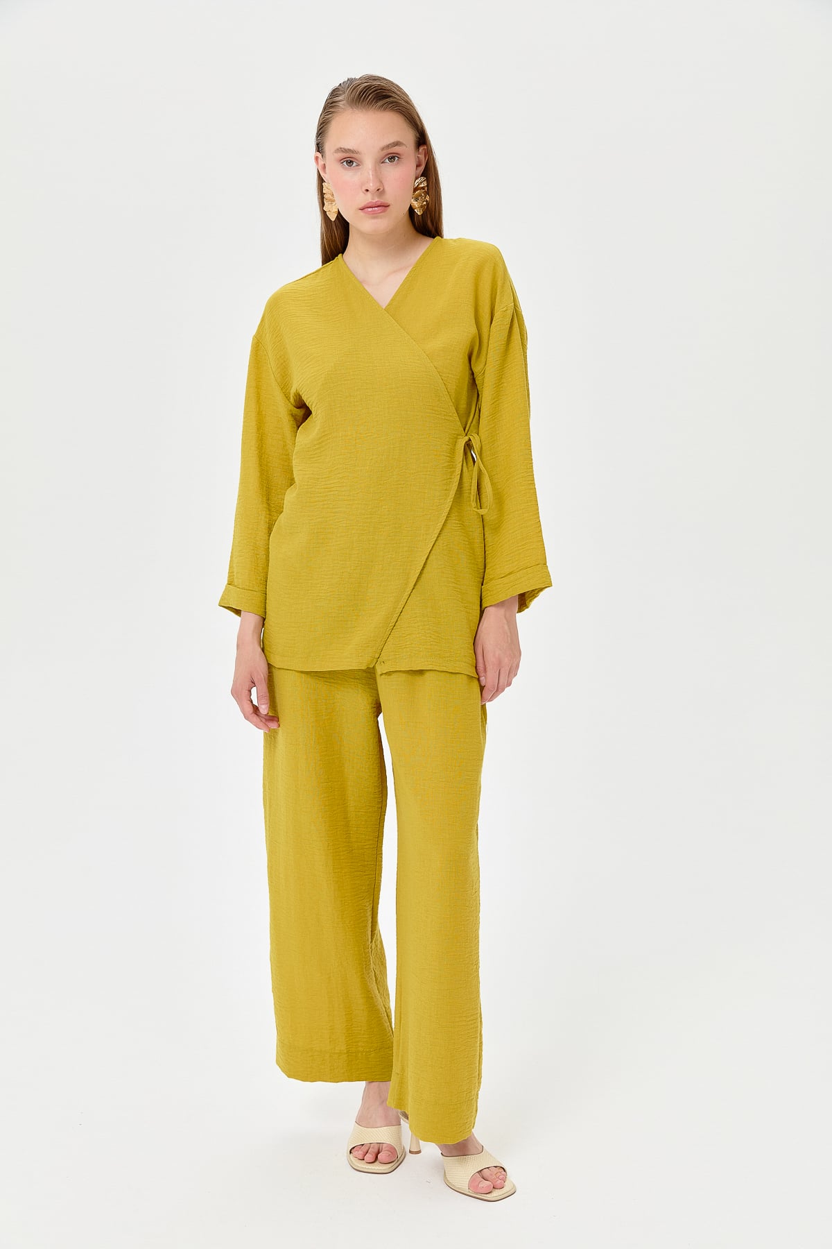 NİHAN Suits Nihan Keten Kruvaze Kimono Pantolon Takım  Asit_modest