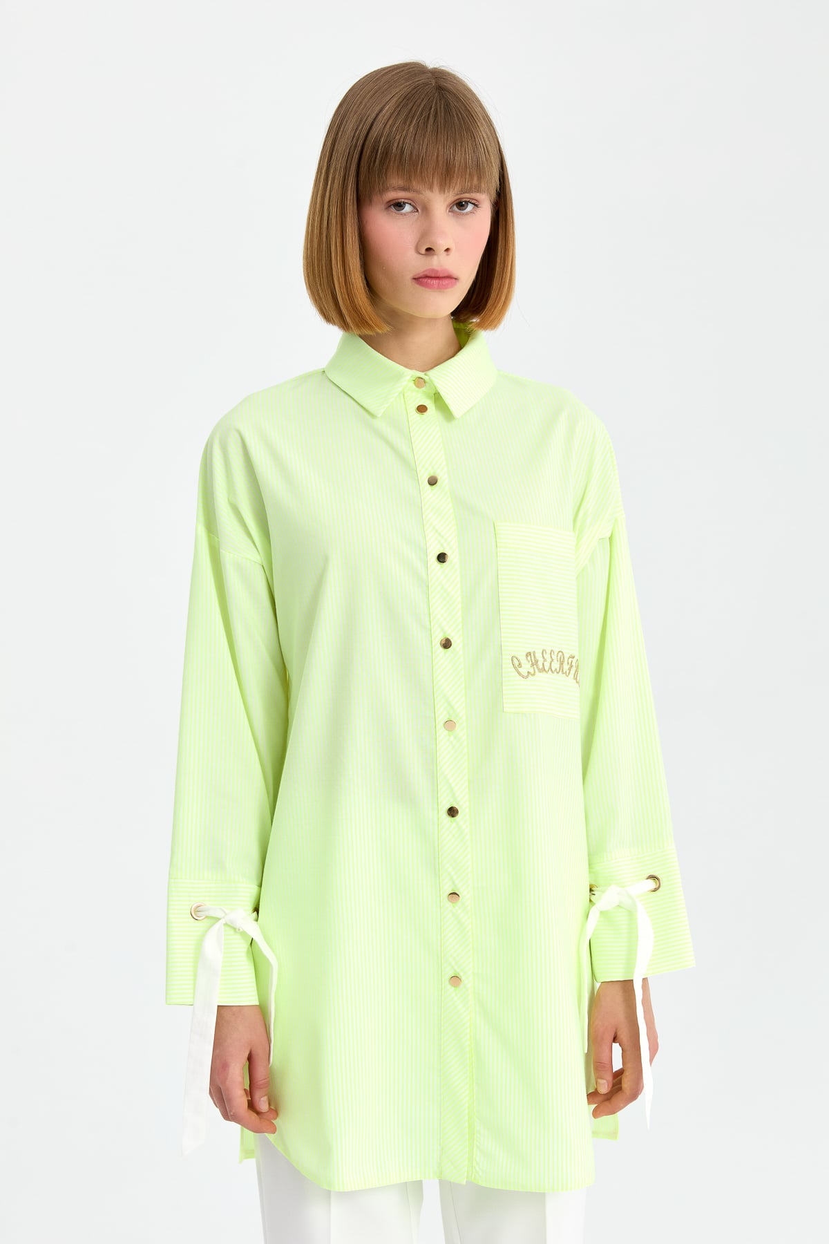 NİHAN Tunic Nihan Kolları Bağlamalı Çizgili Gömlek Tunik  Sarı_modest