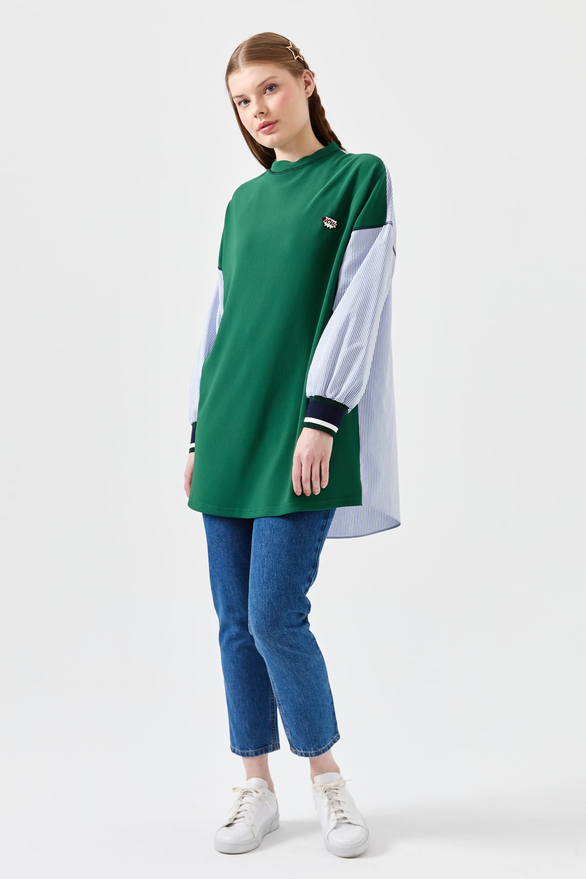 NİHAN Sweat Nihan Kolları Poplin Ribanalı Tunik  Benetton Yeşili_modest