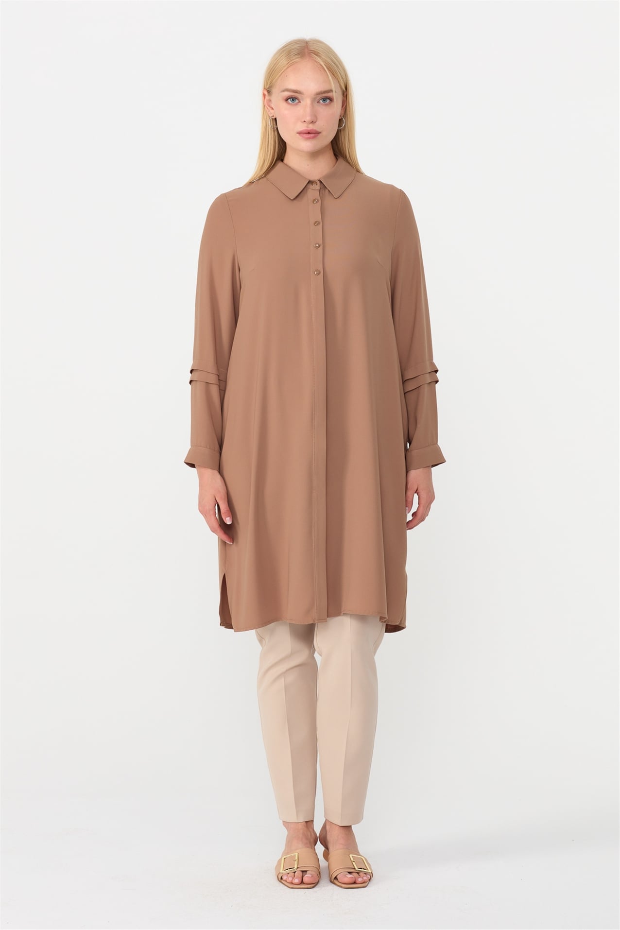 NİHAN Tunik Nihan Kolu Pili Detaylı Büyük Beden Tunik  Camel_modest