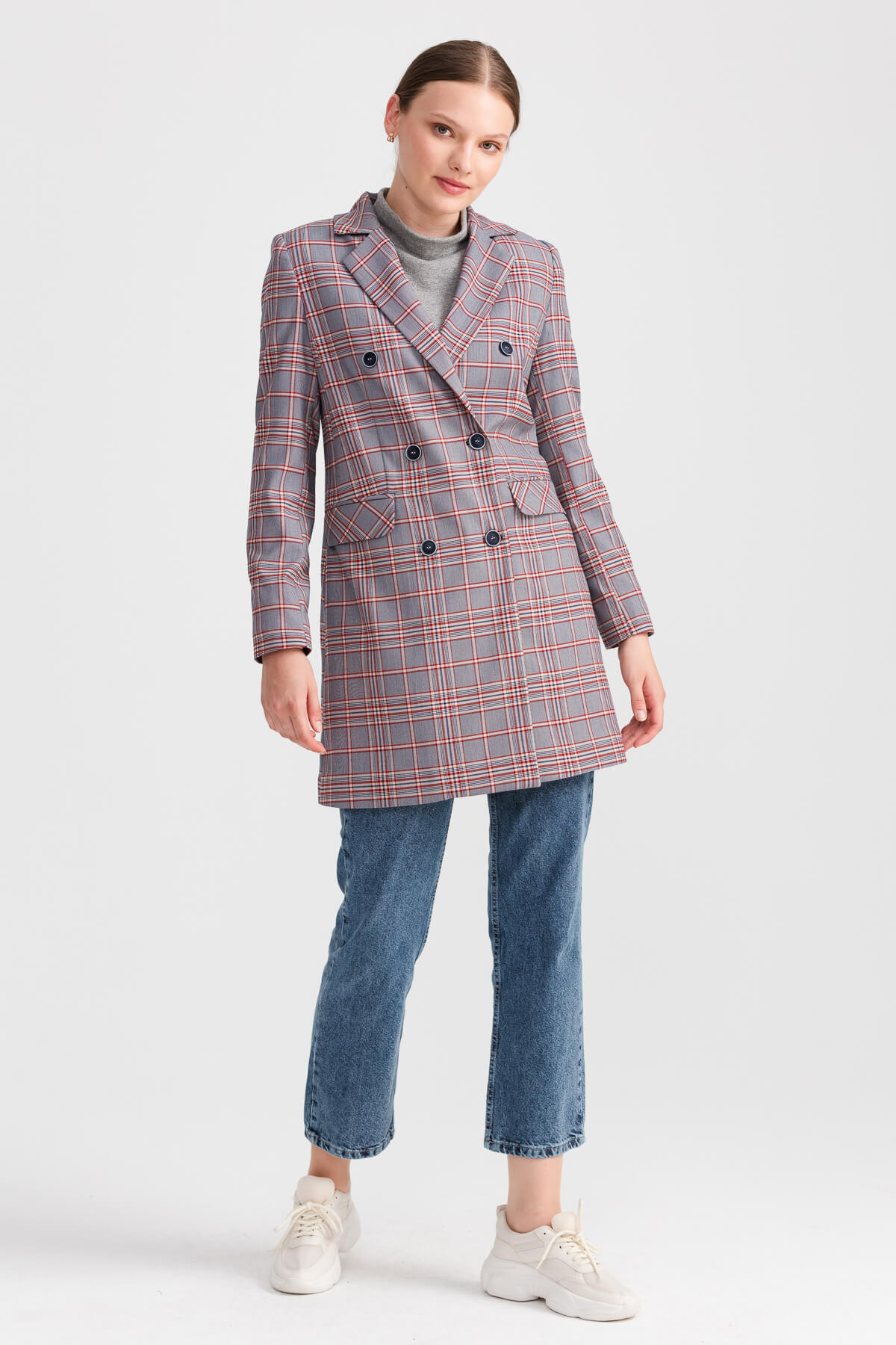 Nihan Checkered Double Breasted Jacket Grey