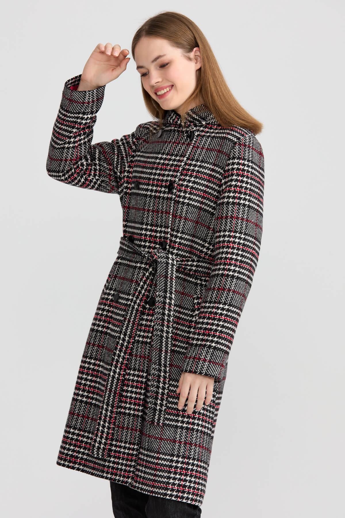 Nihan Double Breasted Houndstooth Coat Grey