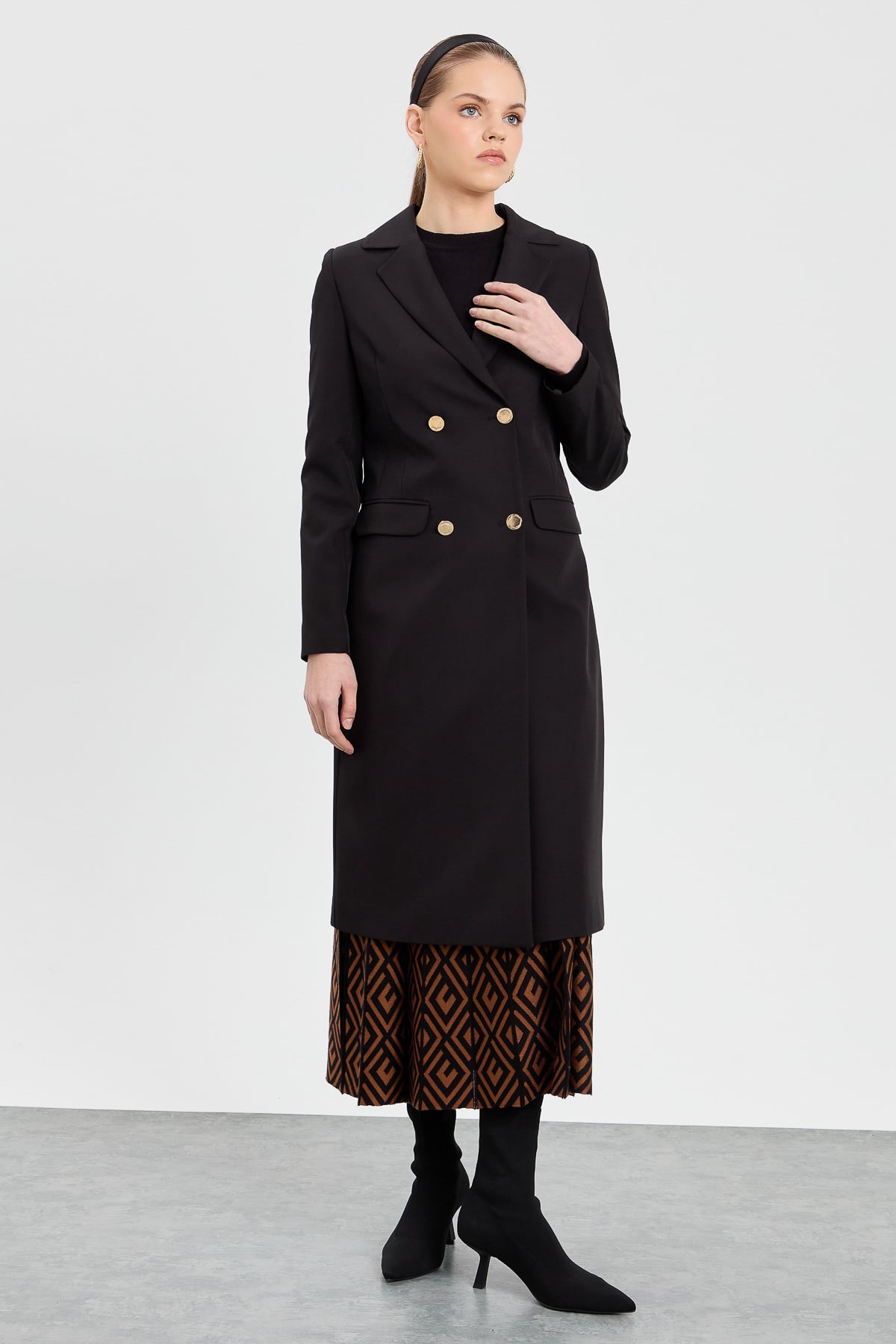 Nihan Kruvaze Uzun Ceket Siyah