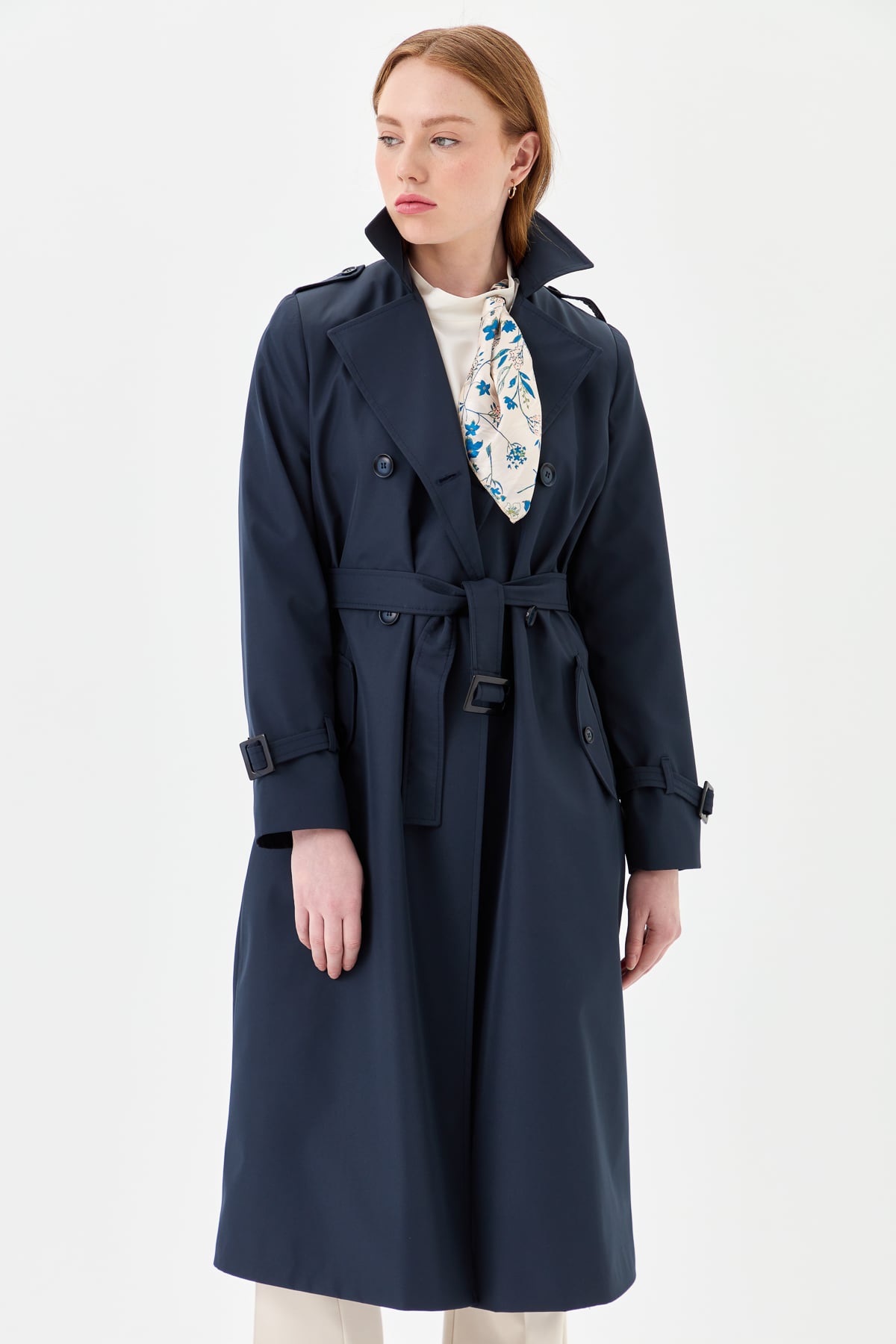 NİHAN Trench Coat Nihan Kuşaklı Astarlı Trençkot  Lacivert_modest