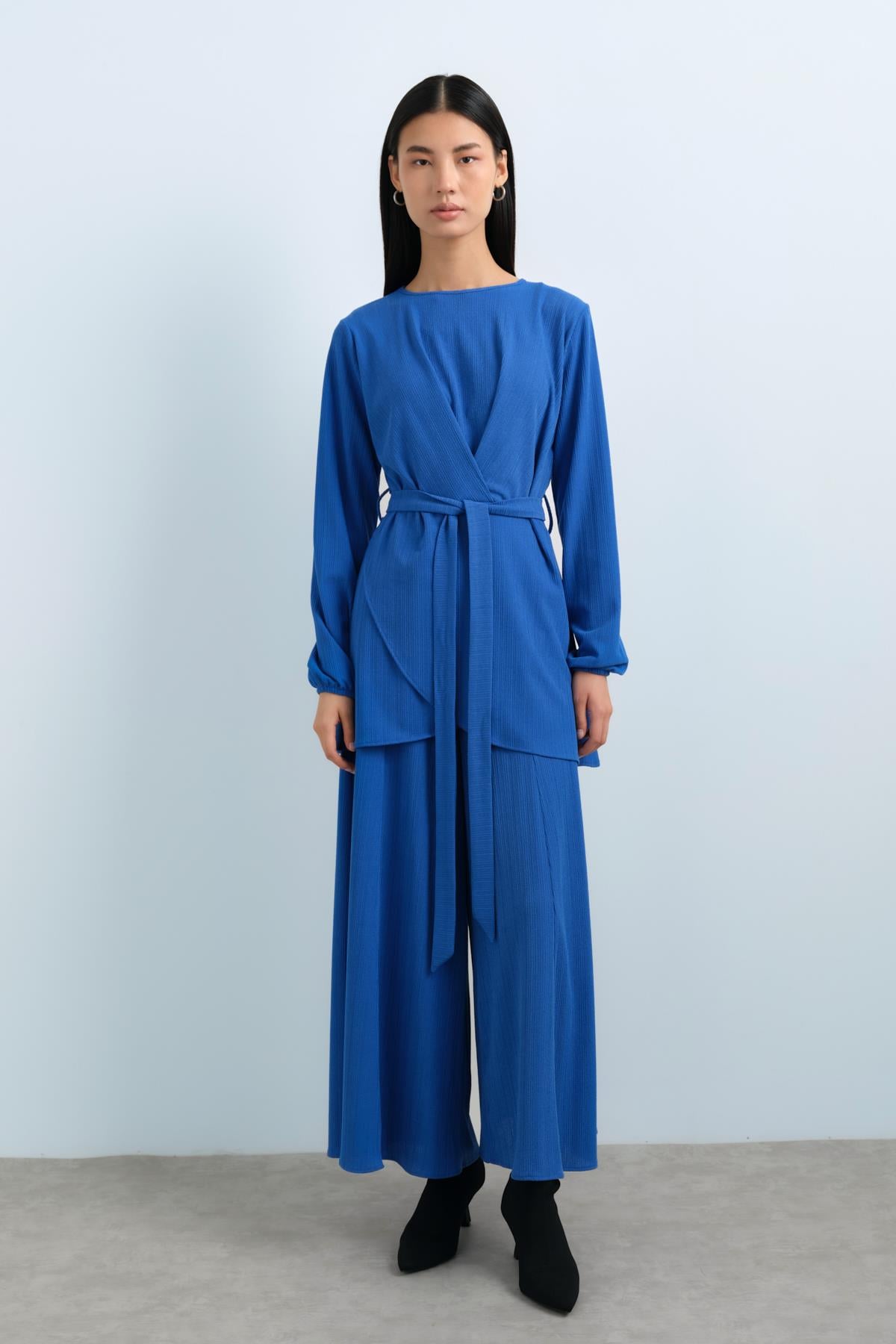 NİHAN Suits Nihan Kuşaklı Pantolon Tunik Takım  Saks_modest