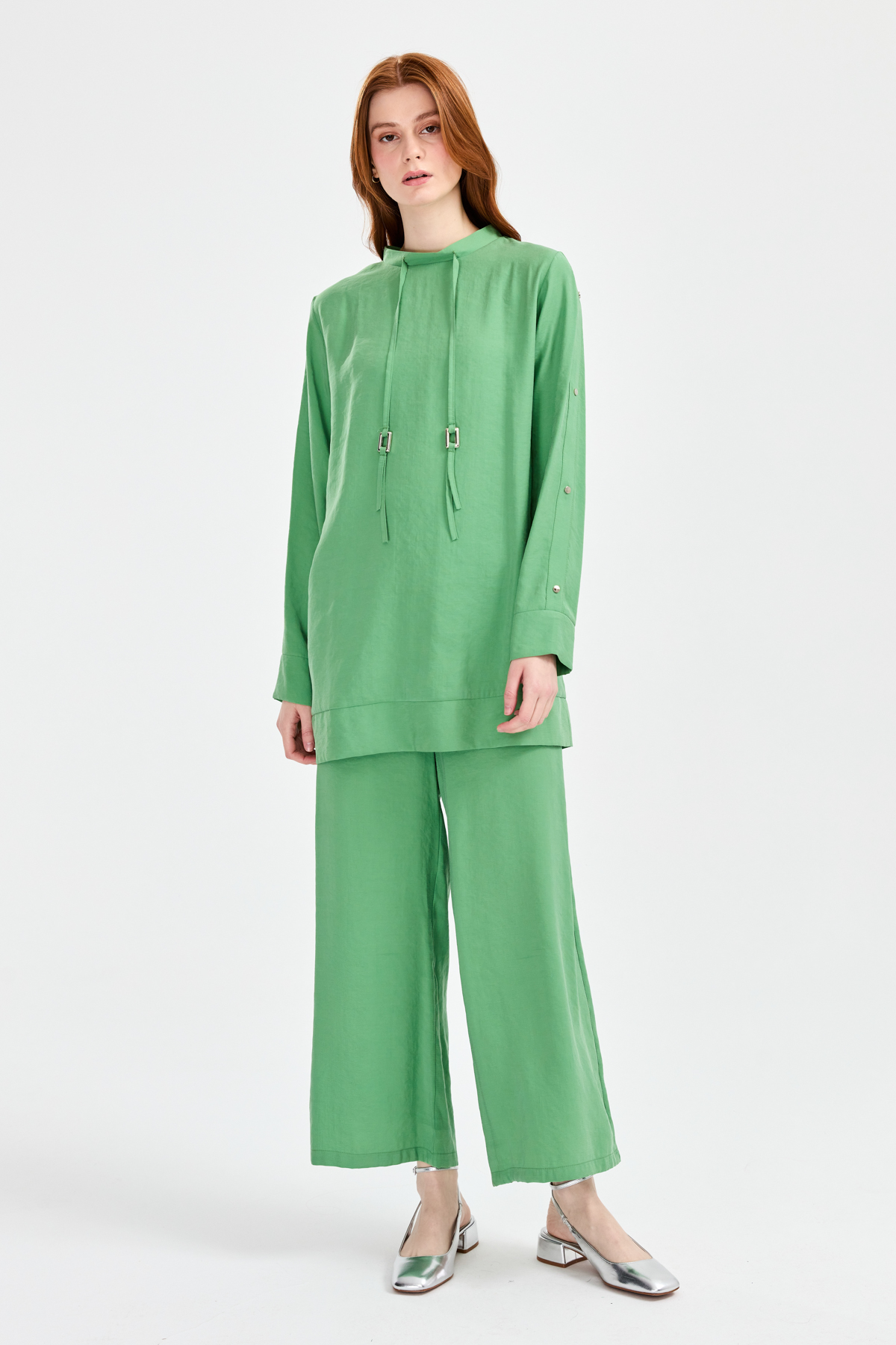 Nihan Kuşgözü Detaylı Pantolon Tunik Takım Benetton Yeşili