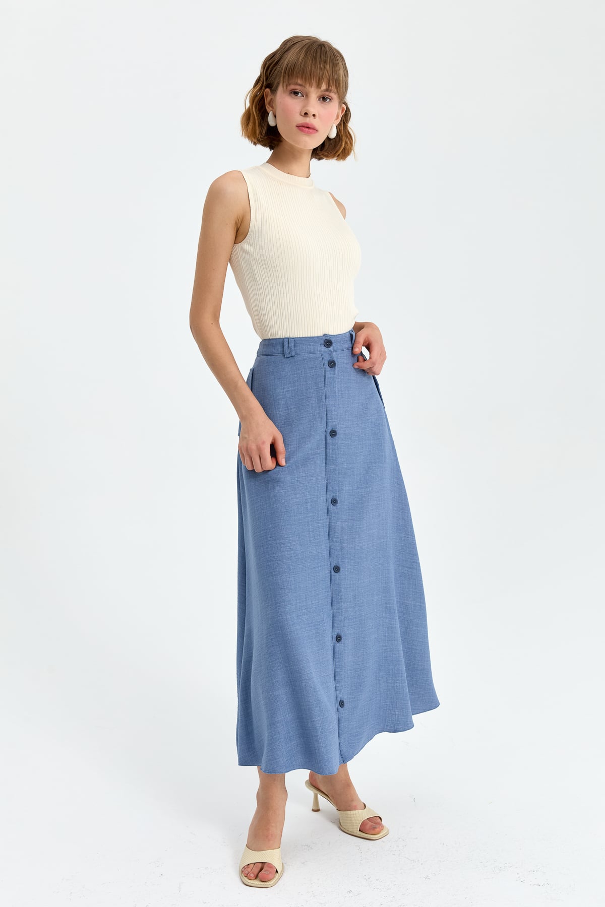 NİHAN Etek Nihan Önden Düğmeli Etek  İndigo_modest