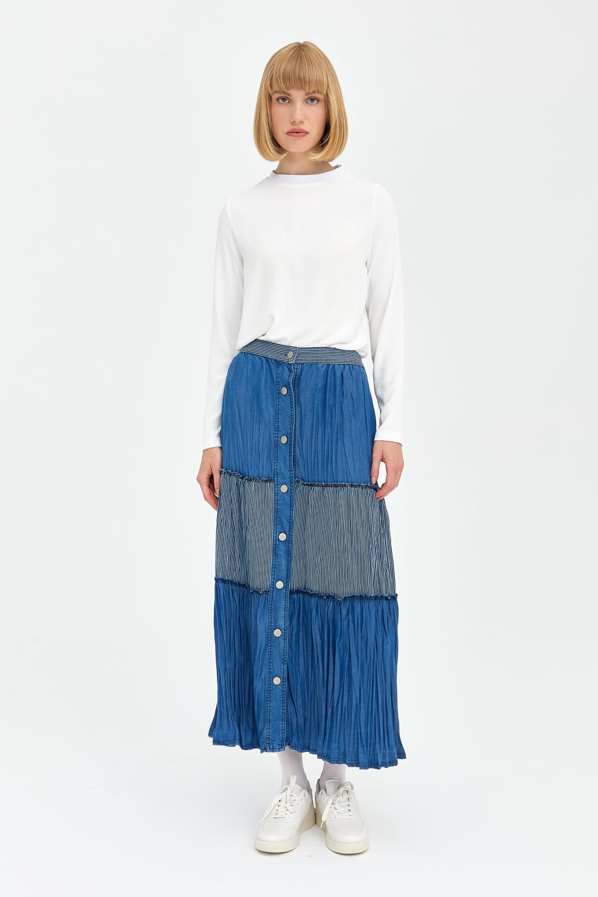 NİHAN Etek Nihan Önü Düğmeli Tencel Çingene Etek  İndigo_modest