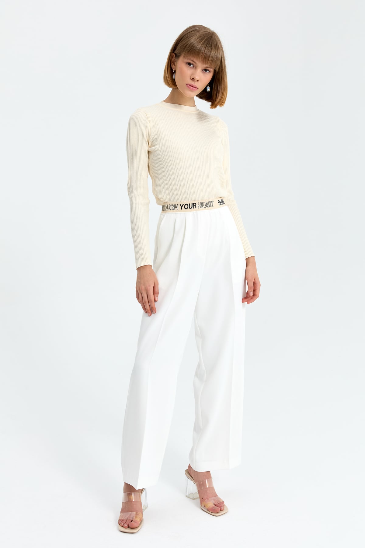 NİHAN Pants Nihan Önü Pilili Bol Paça Pantolon  Ekru_modest