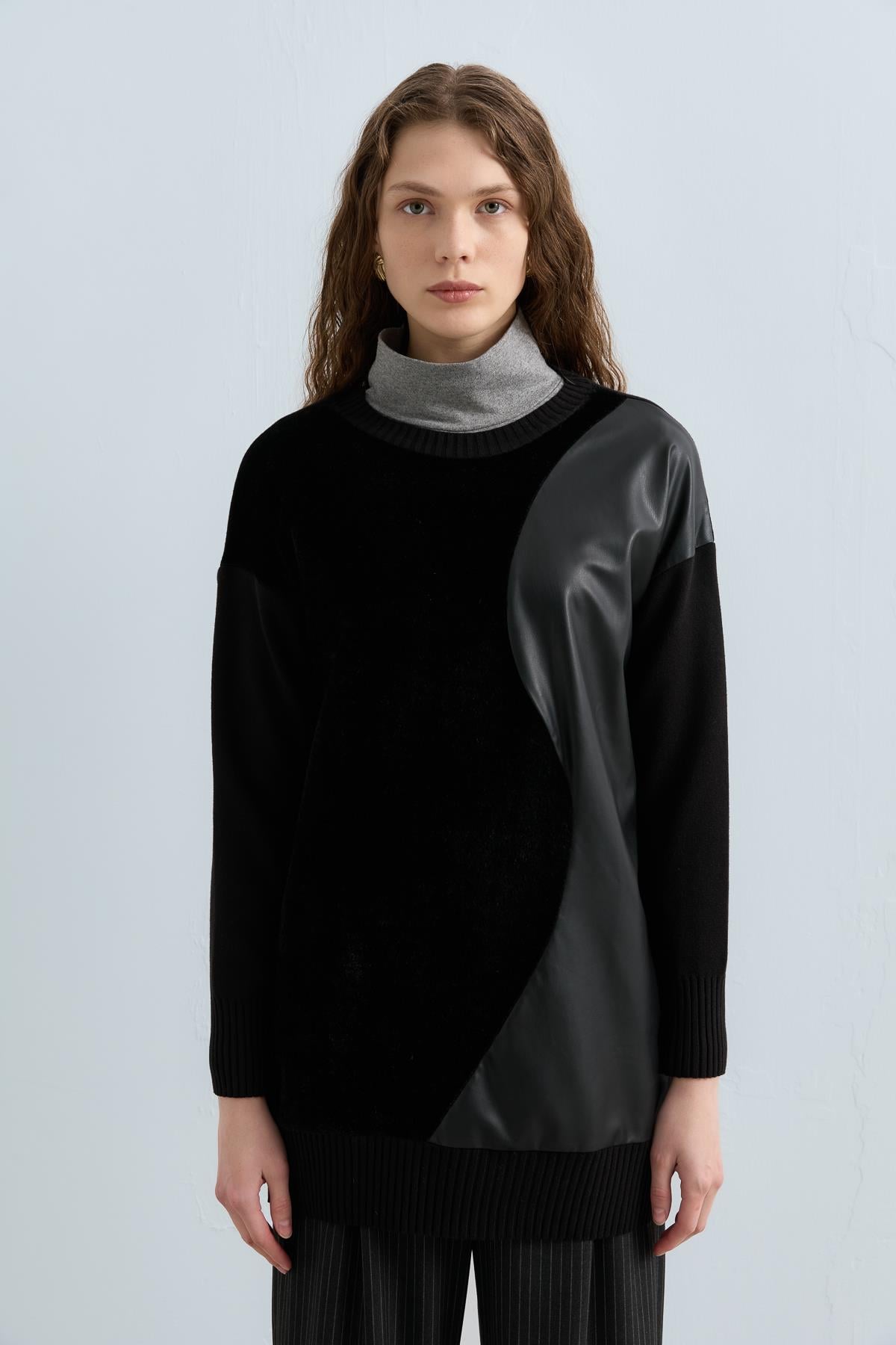 NİHAN Tunic Nihan Peluş Detaylı Triko Tunik  Siyah_modest