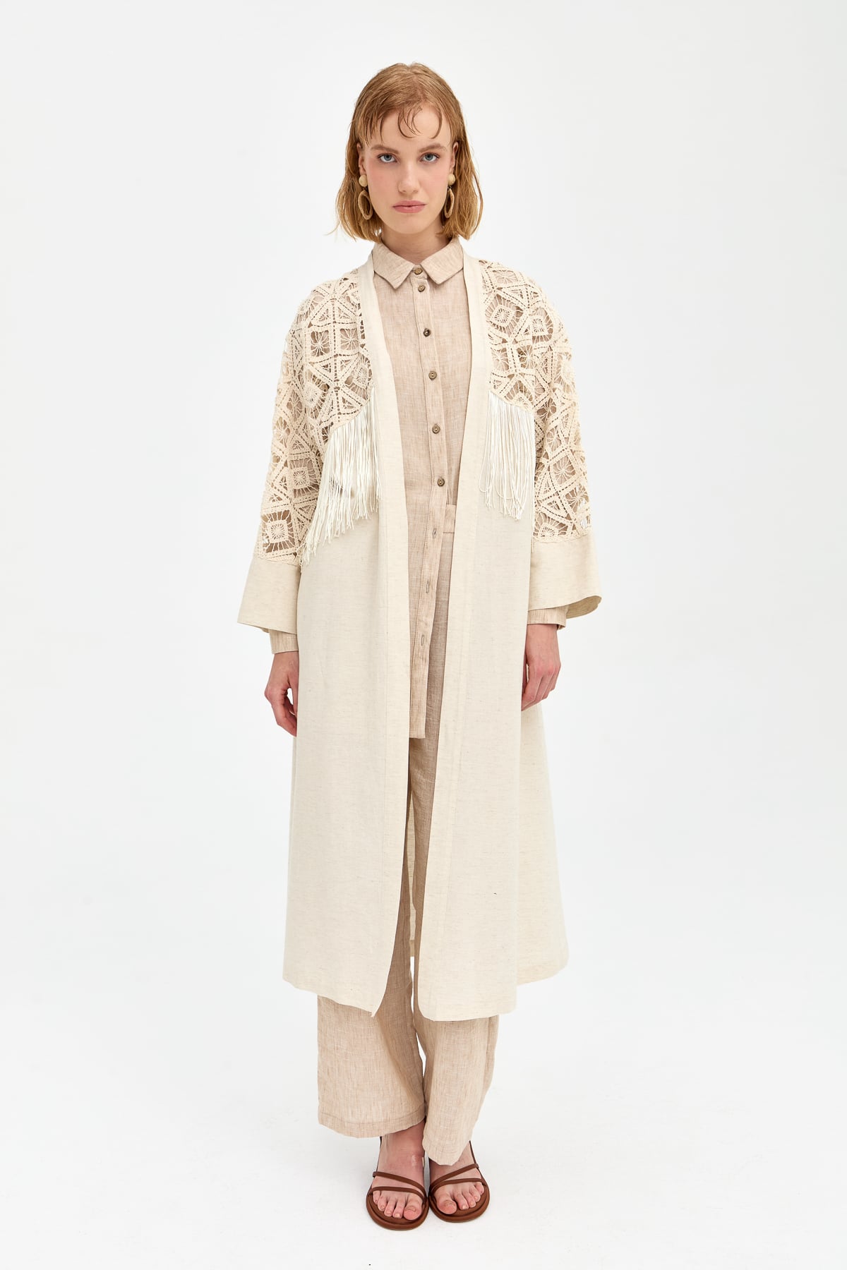 NİHAN Kimono Nihan Püsküllü Dantel Kimono  Bej_modest
