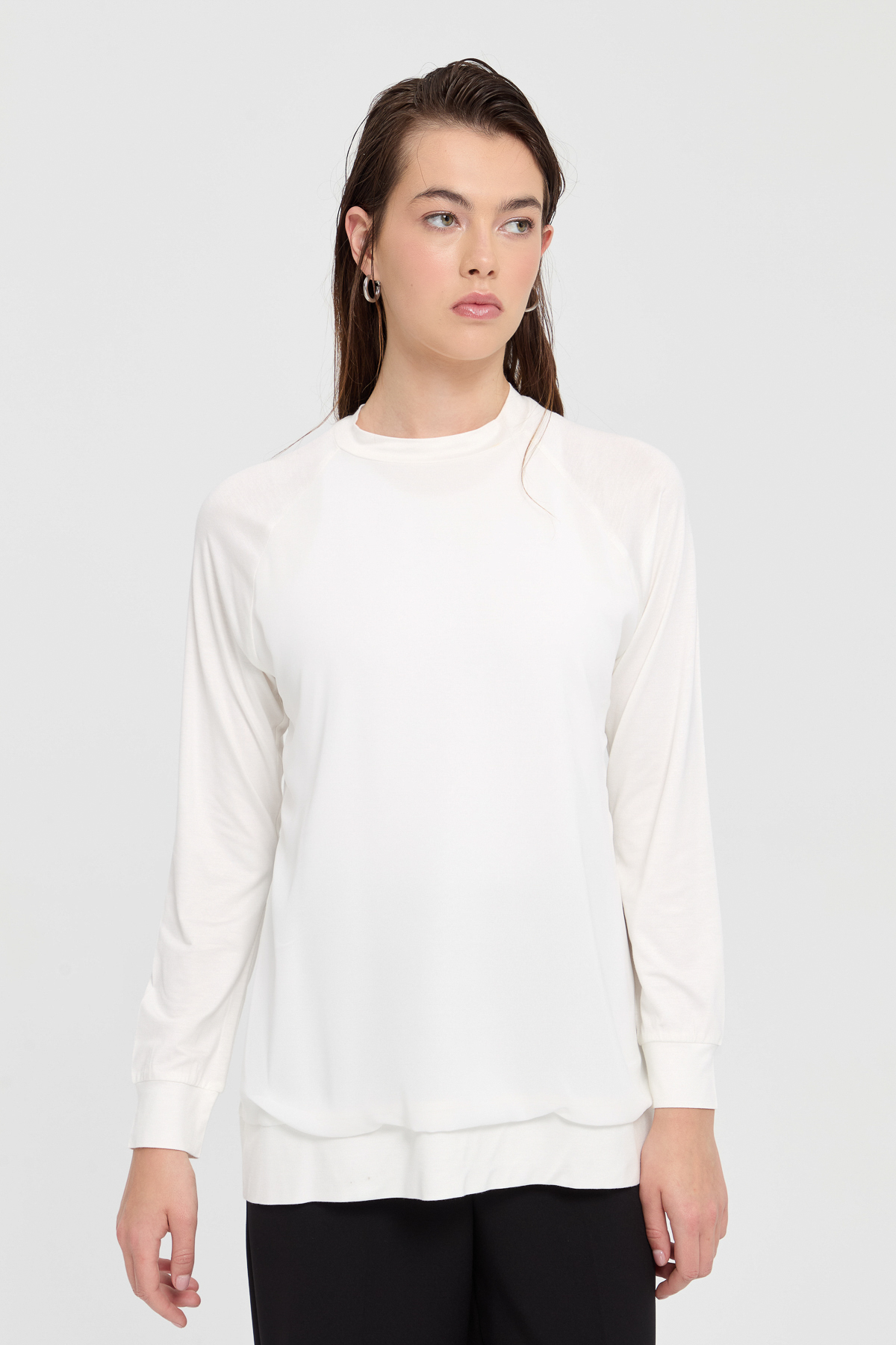 NİHAN Blouse Nihan Şifon Detaylı Penye Bluz  Ekru_modest