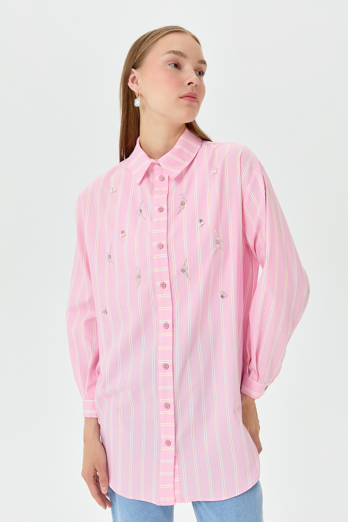 NİHAN Tunik Nihan Taş Detaylı Gömlek Yaka Oversize Tunik  Pembe_modest