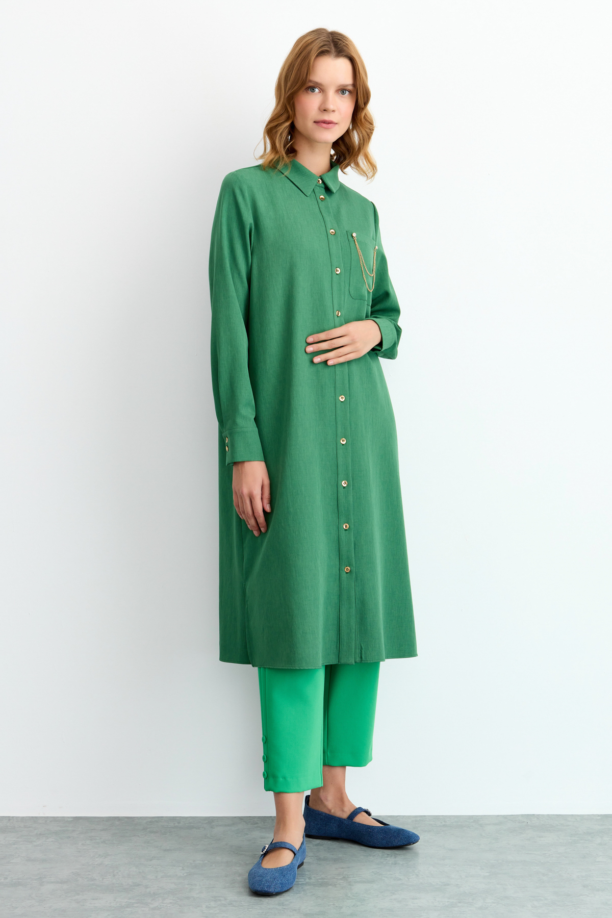 NİHAN Tunik Nihan Tek Cepli Uzun Gömlek Tunik  Yeşil_modest