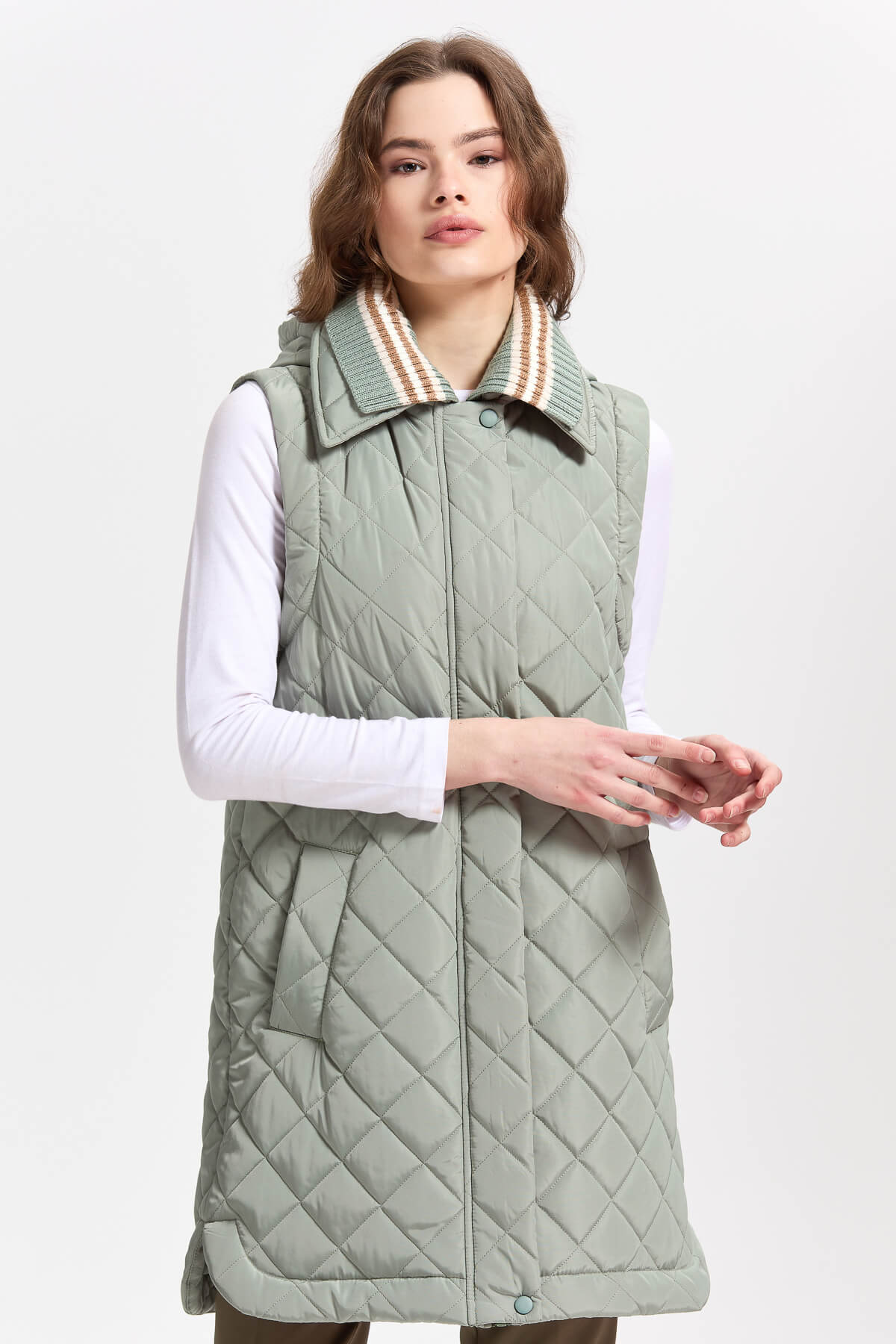 Nihan Knit Collar Quilted Vest Almond Green