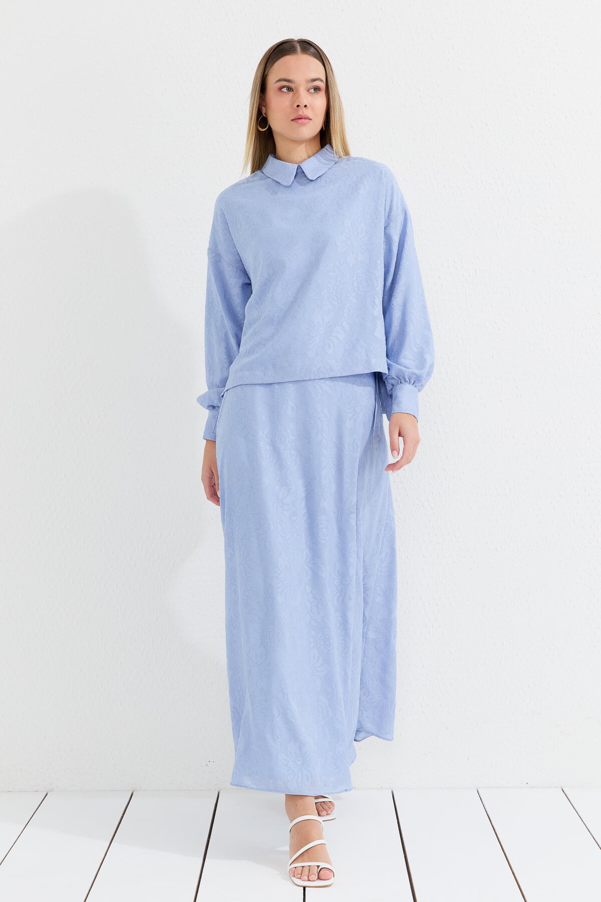 NİHAN Takım Nihan Yandan Yırtmaçlı Bağlamalı Etek Bluz Takım  Açık Mavi_modest