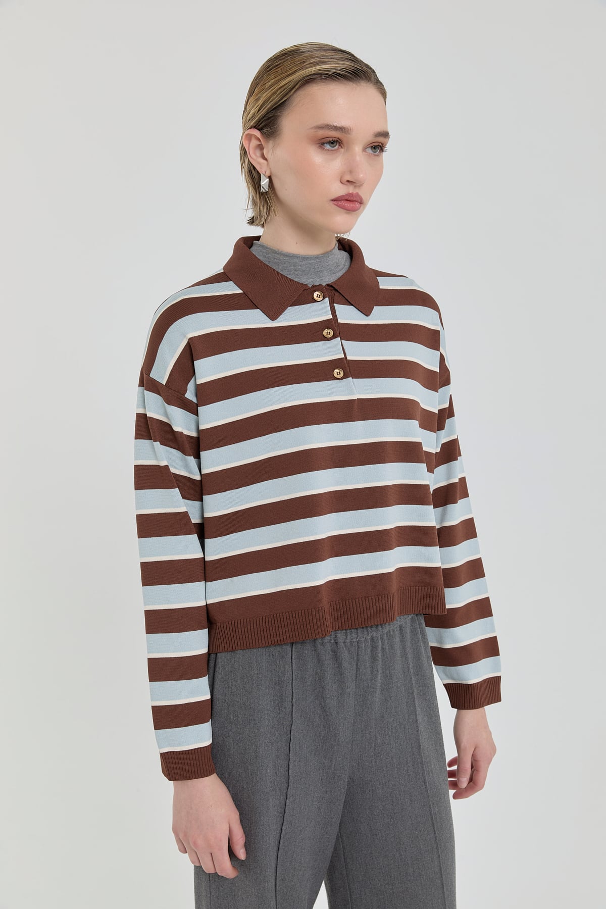 Nihan Polo Yaka Crop Kazak  Kahve