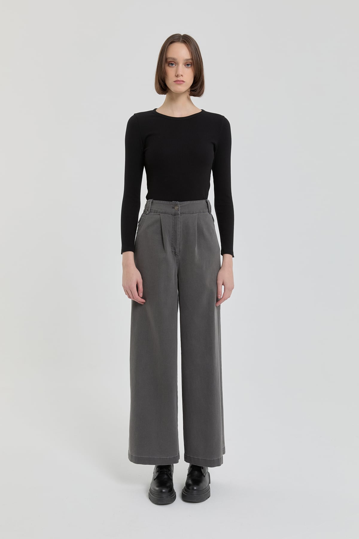 NİHAN Pants Apolet Detaylı Denim Pantolon  Füme_modest