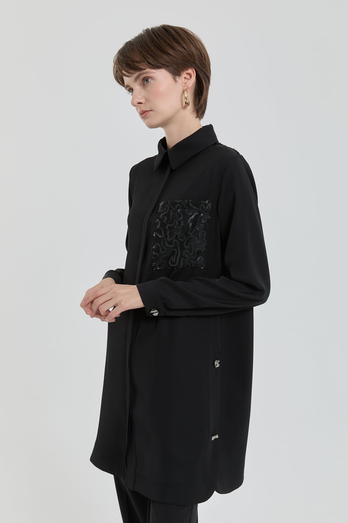 NİHAN Tunic Dantel Detaylı Cepli Tunik  Siyah_modest