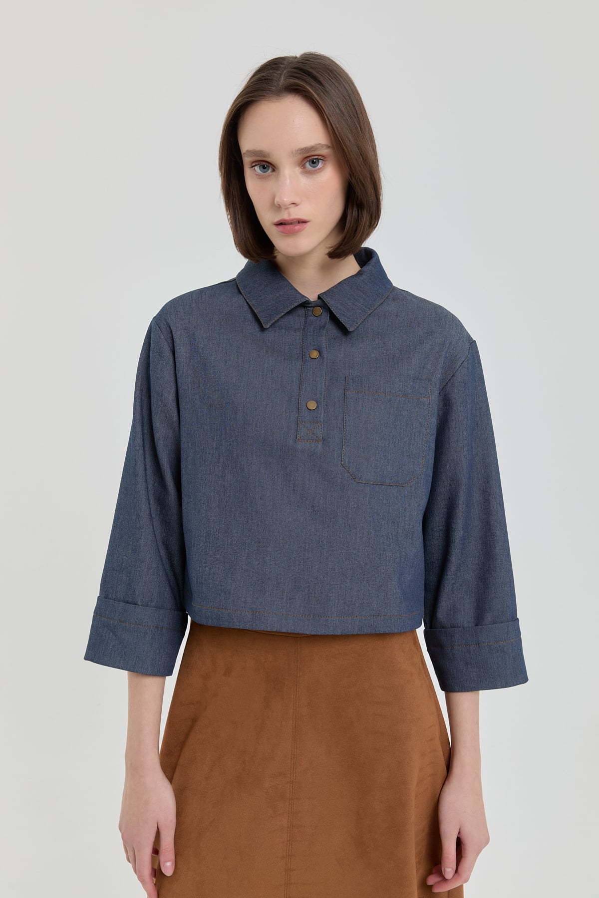 NİHAN Blouse Denim Görünümlü Crop Bluz  İndigo_modest