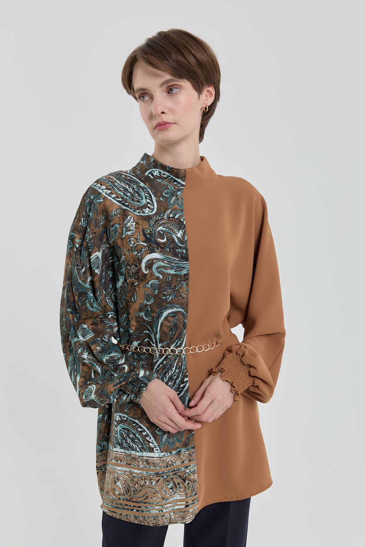 NİHAN Tunic Desen Mixli Yarasa Kol Tunik  Taba_modest