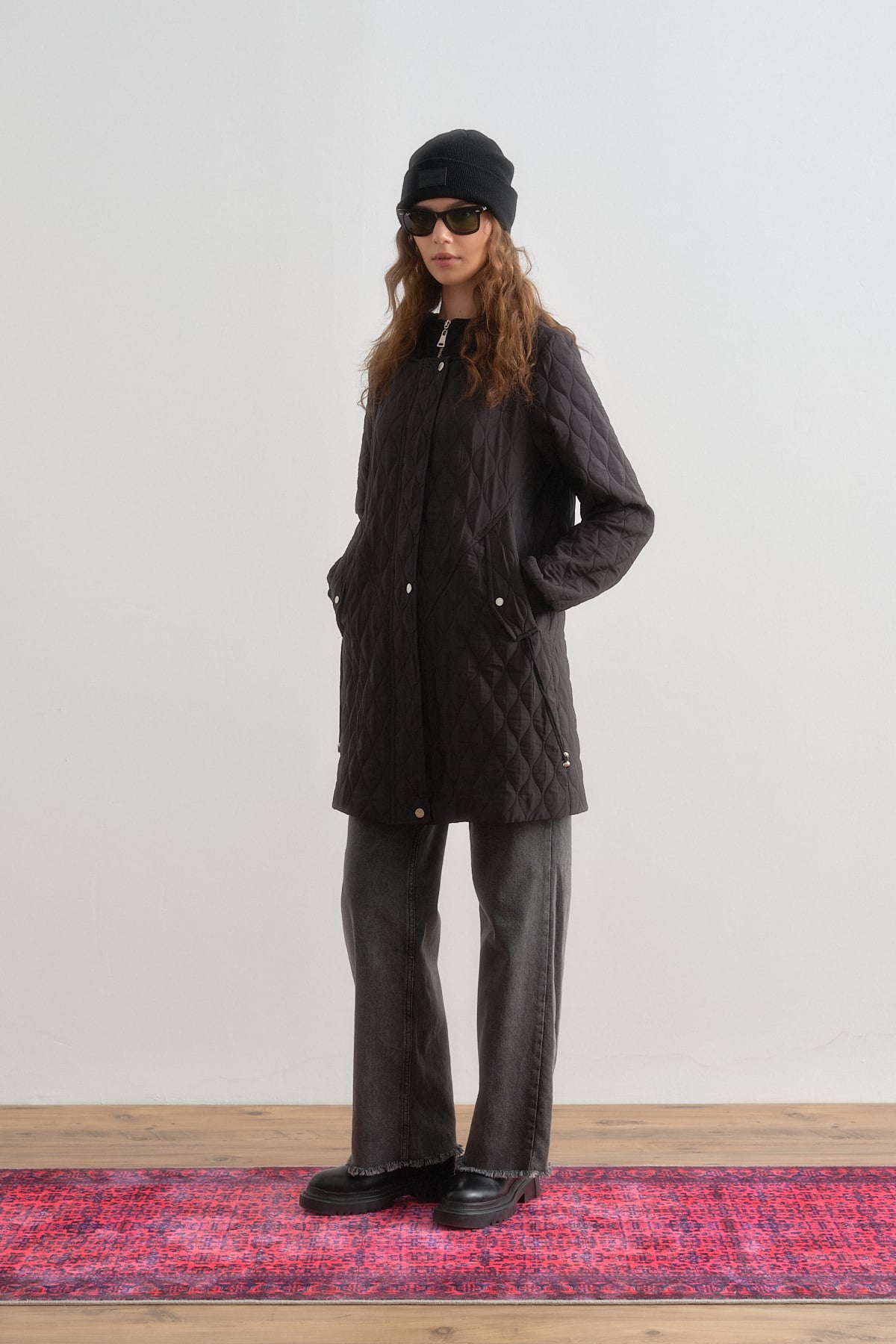 NİHAN Trench Coat İnce Kapitone Kapşonlu Kap  Siyah_modest