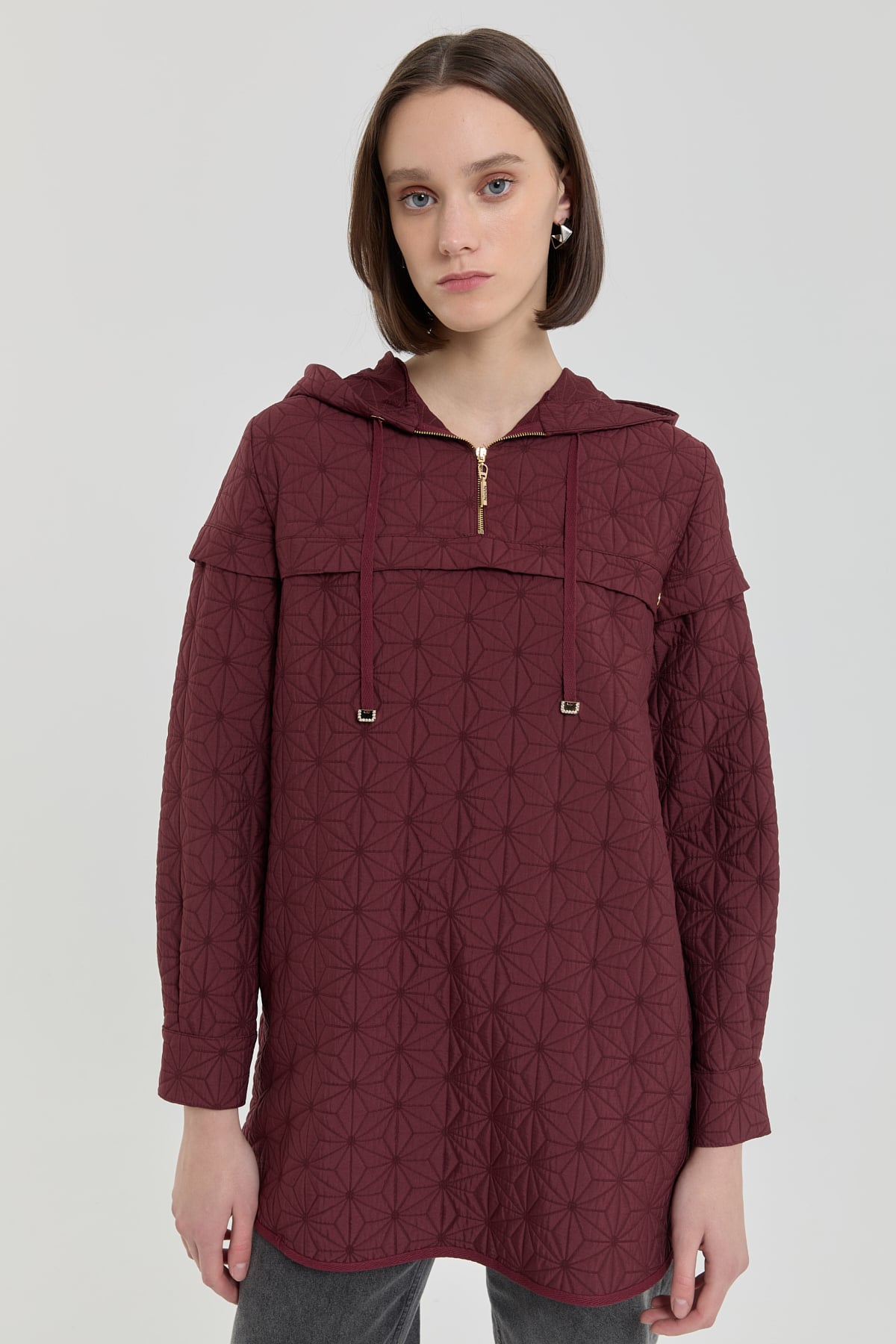NİHAN Sweatshirt İnce Kapitone Kapşonlu Sweat  Bordo_modest
