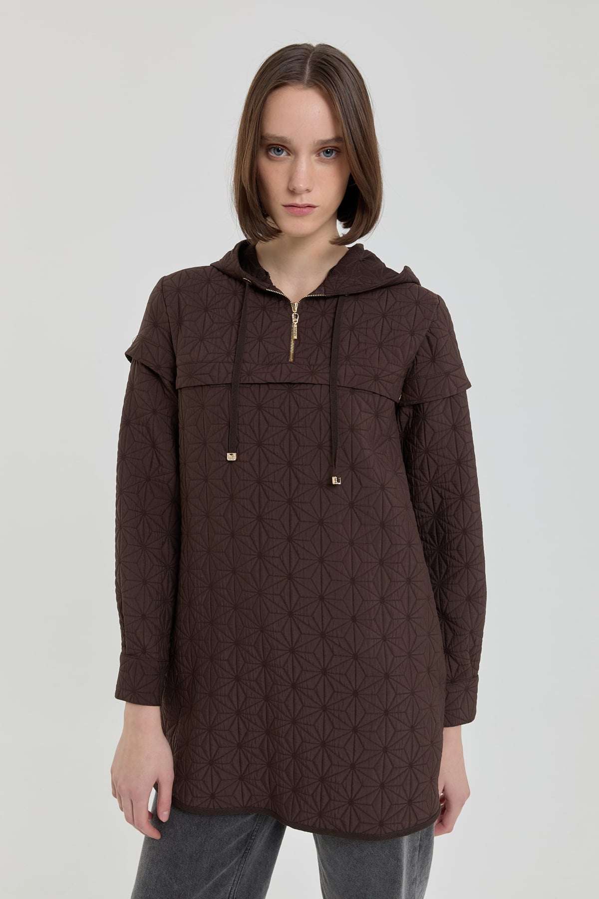 NİHAN Sweatshirt İnce Kapitone Kapşonlu Sweat  Kahve_modest