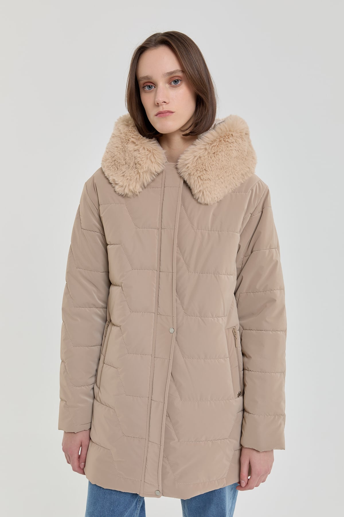 NİHAN Coat Kürk Kapşonlu Oversize Kapitone Kaban  Bej_modest