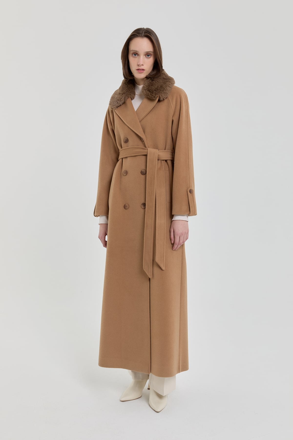NİHAN Manto Kürk Yakalı Kruvaze Manto  Camel_modest