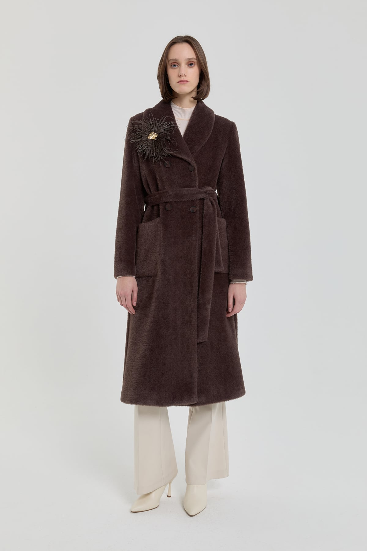 NİHAN Coat Kuşaklı Kruvaze Angora Kaban  Kahve_modest
